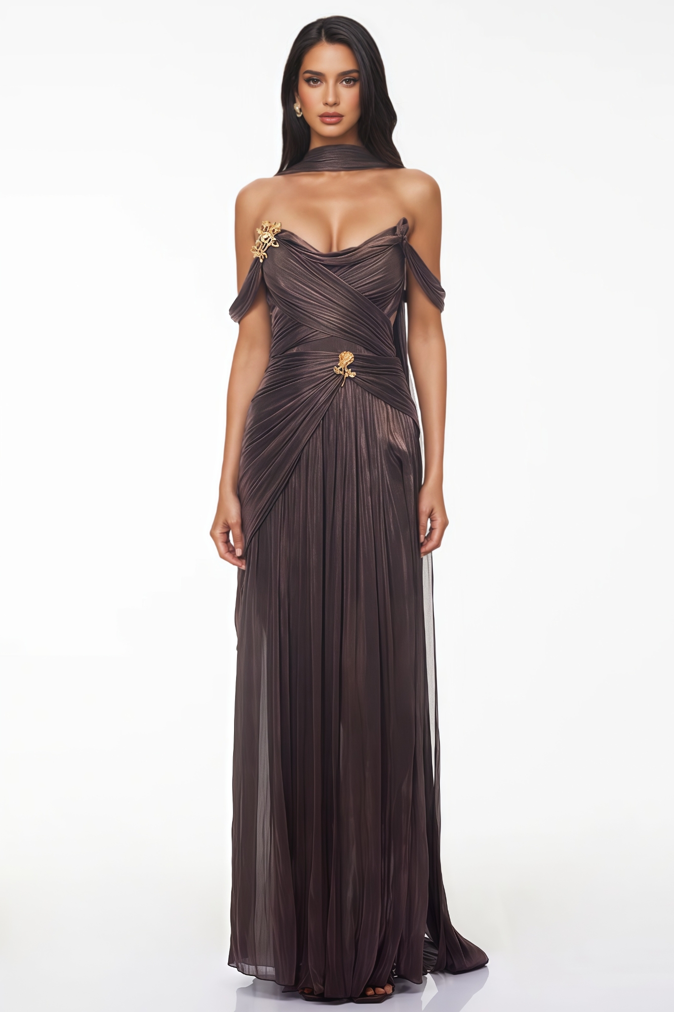 Evadrly Brown Off Shoulder Ruched Maxi Dress