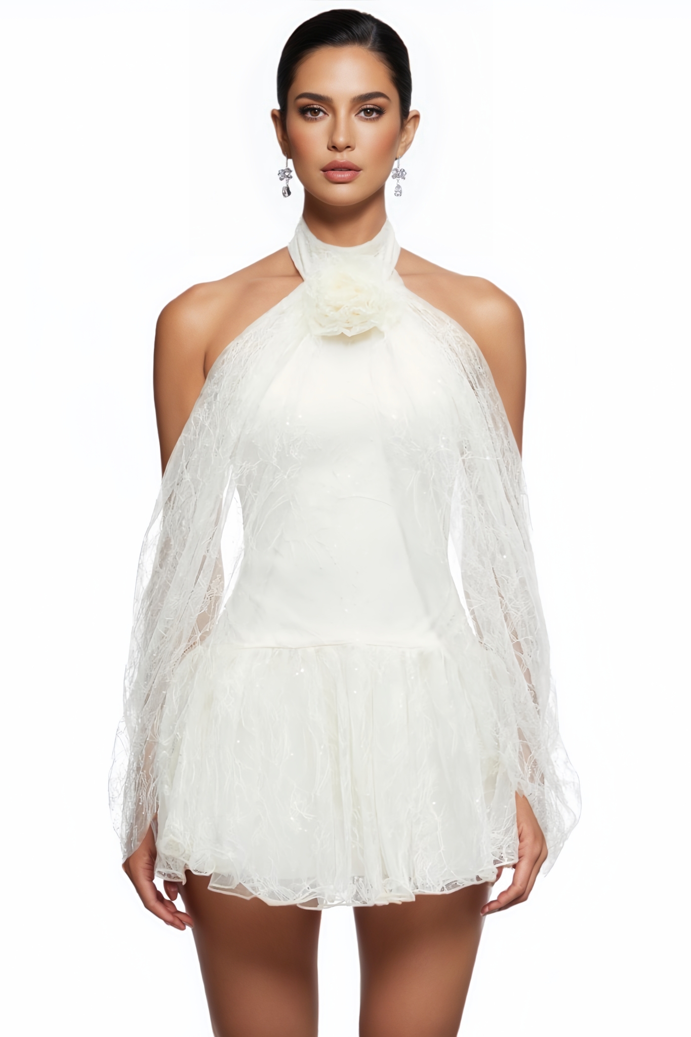 Gomy Beige Halter Neck Lace Mini Dress