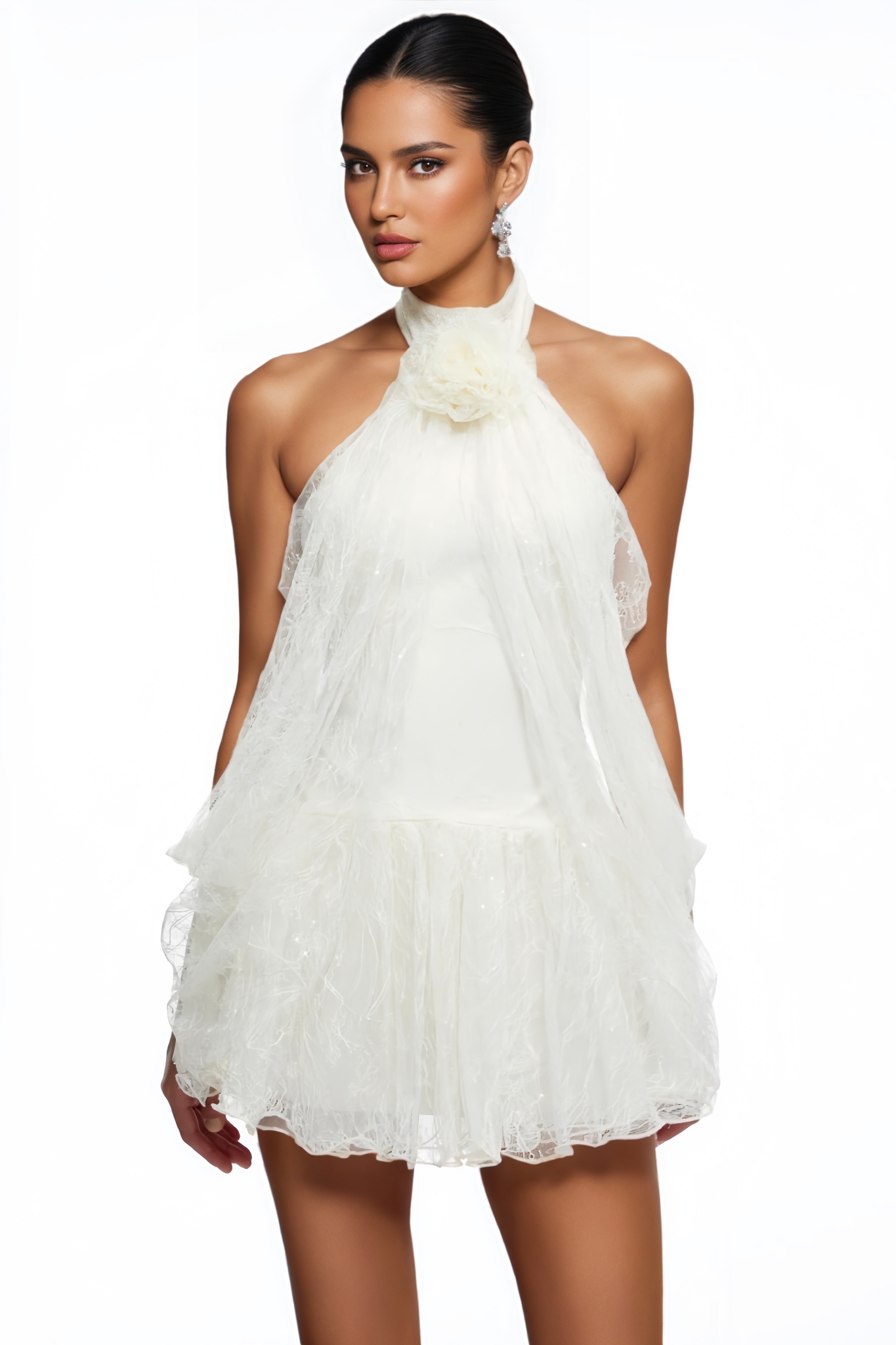 Gomy Beige Halter Neck Lace Mini Dress
