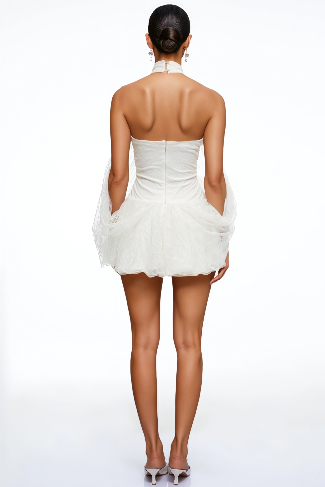 Gomy Beige Halter Neck Lace Mini Dress