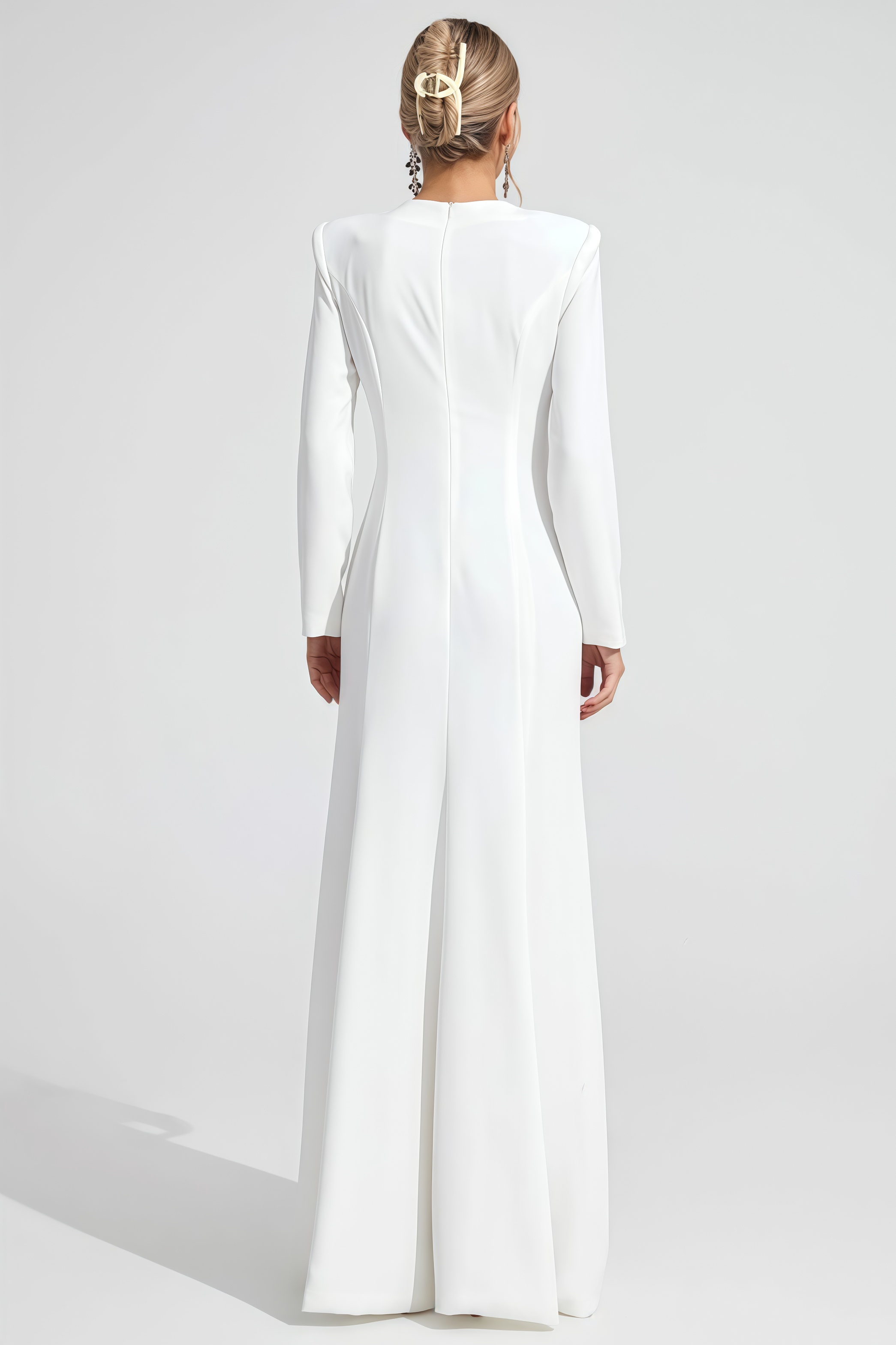 Jacre White Long Sleeve Diamond Maxi Dress