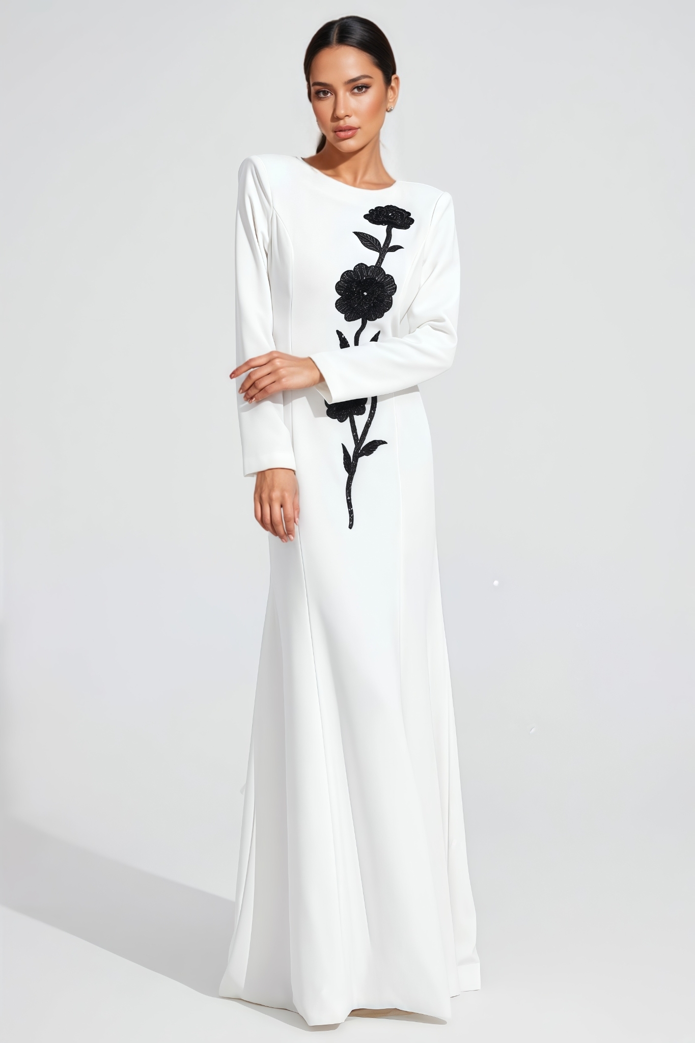 Jacre White Long Sleeve Diamond Maxi Dress