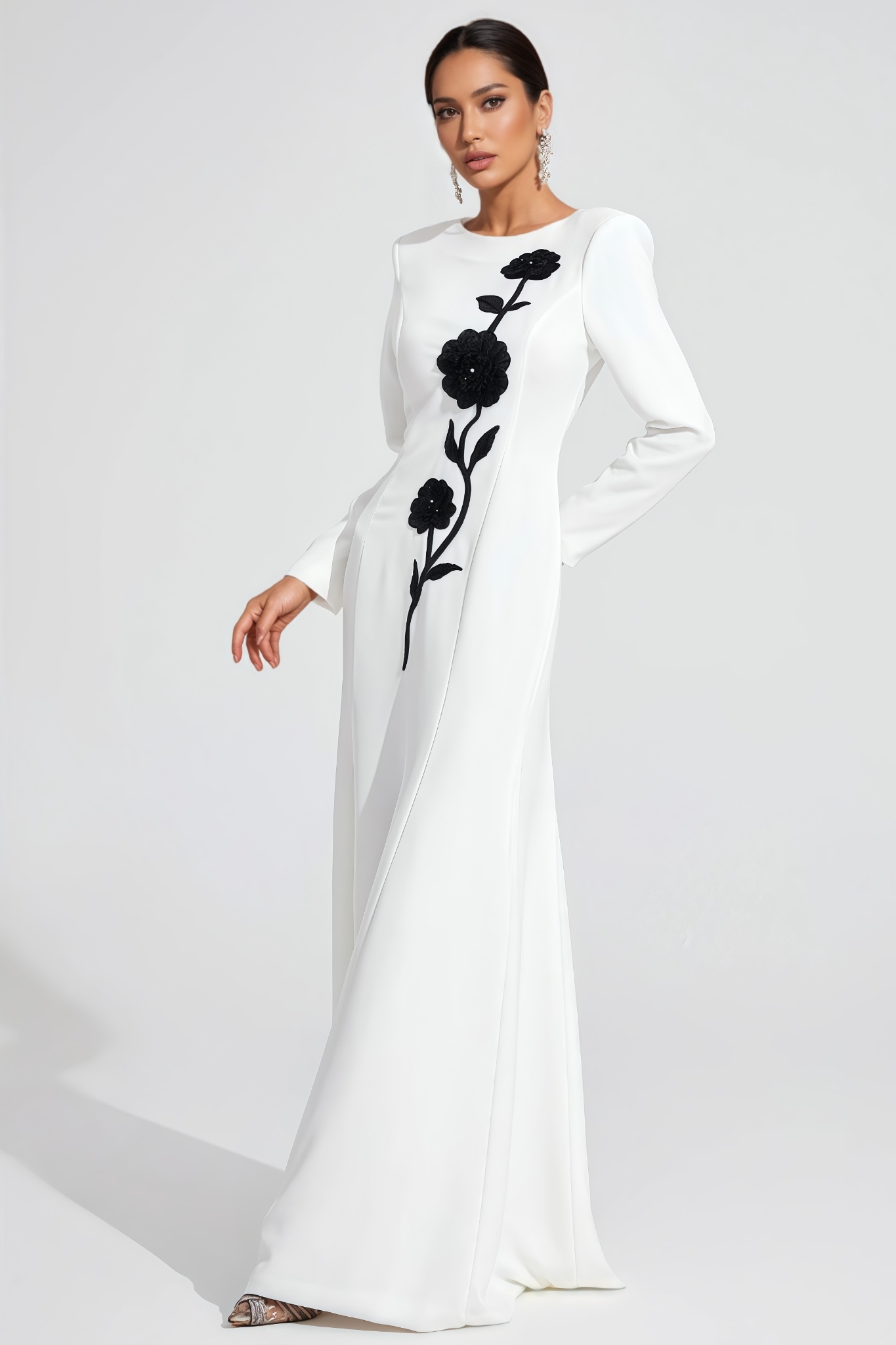 Jacre White Long Sleeve Diamond Maxi Dress