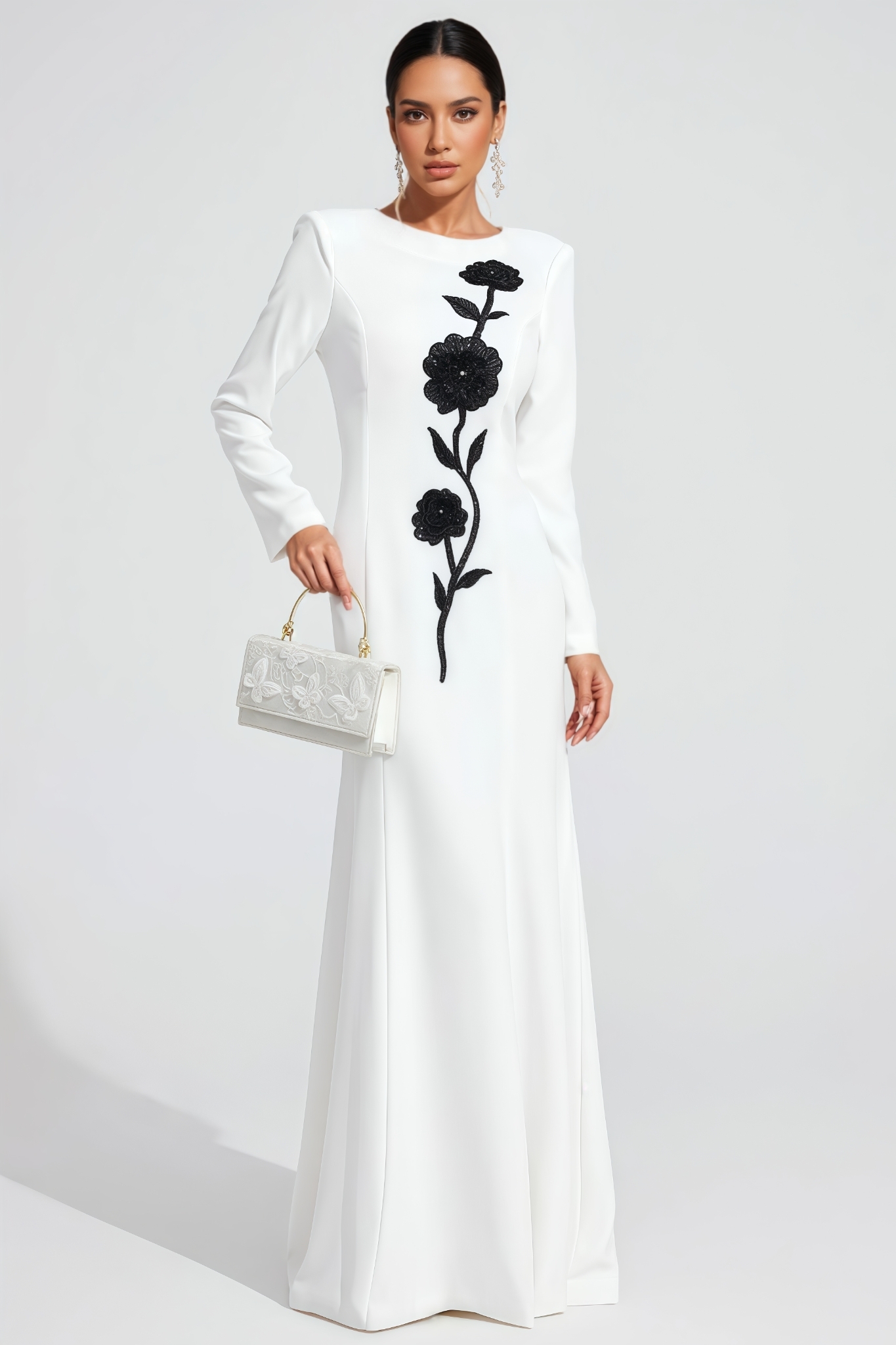 Jacre White Long Sleeve Diamond Maxi Dress