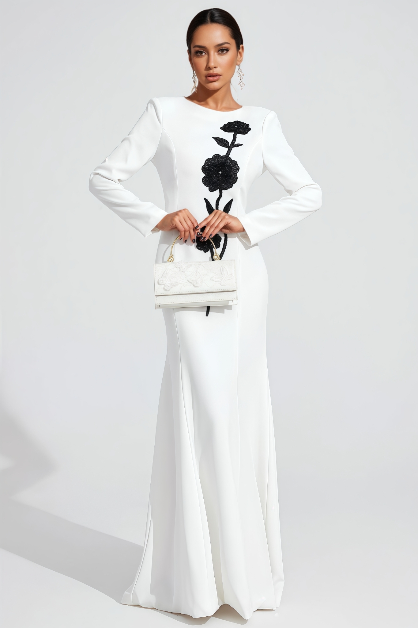 Jacre White Long Sleeve Diamond Maxi Dress