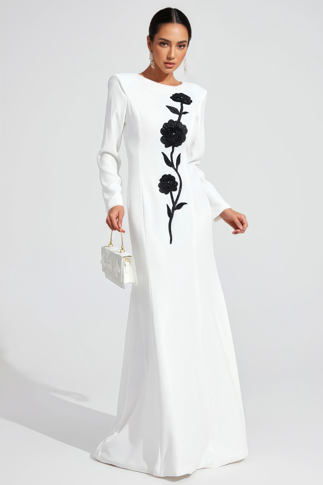 Jacre White Long Sleeve Diamond Maxi Dress