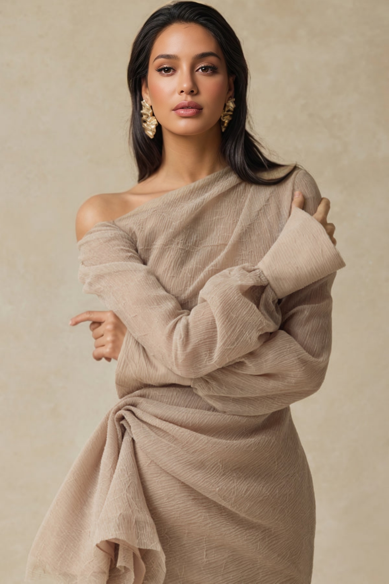 Myric Asymmetric Neck Draped Midi Dress