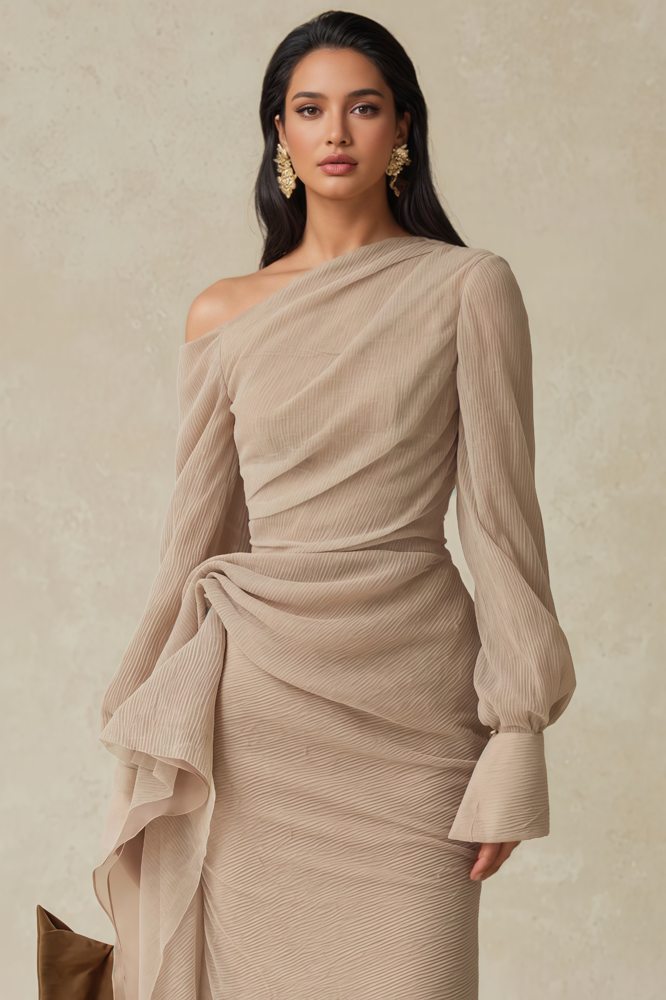 Myric Asymmetric Neck Draped Midi Dress