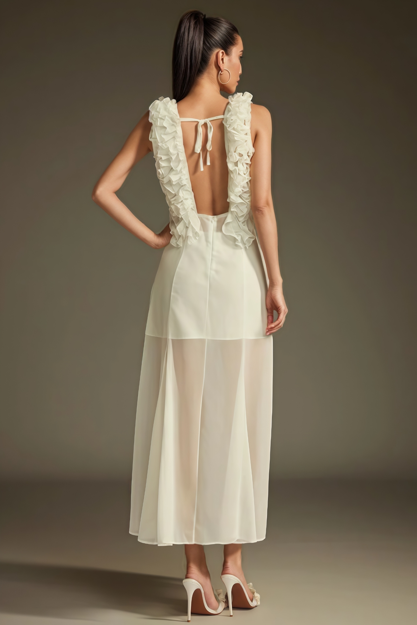 Austyn Plunge Neck Ruffle Mesh Midi Dress