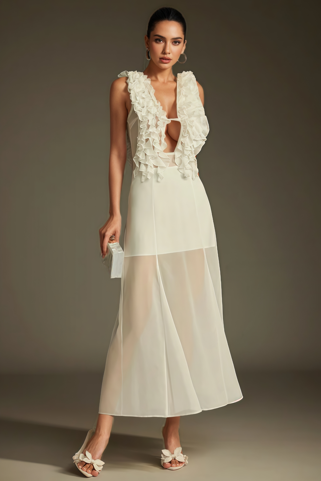 Austyn Plunge Neck Ruffle Mesh Midi Dress