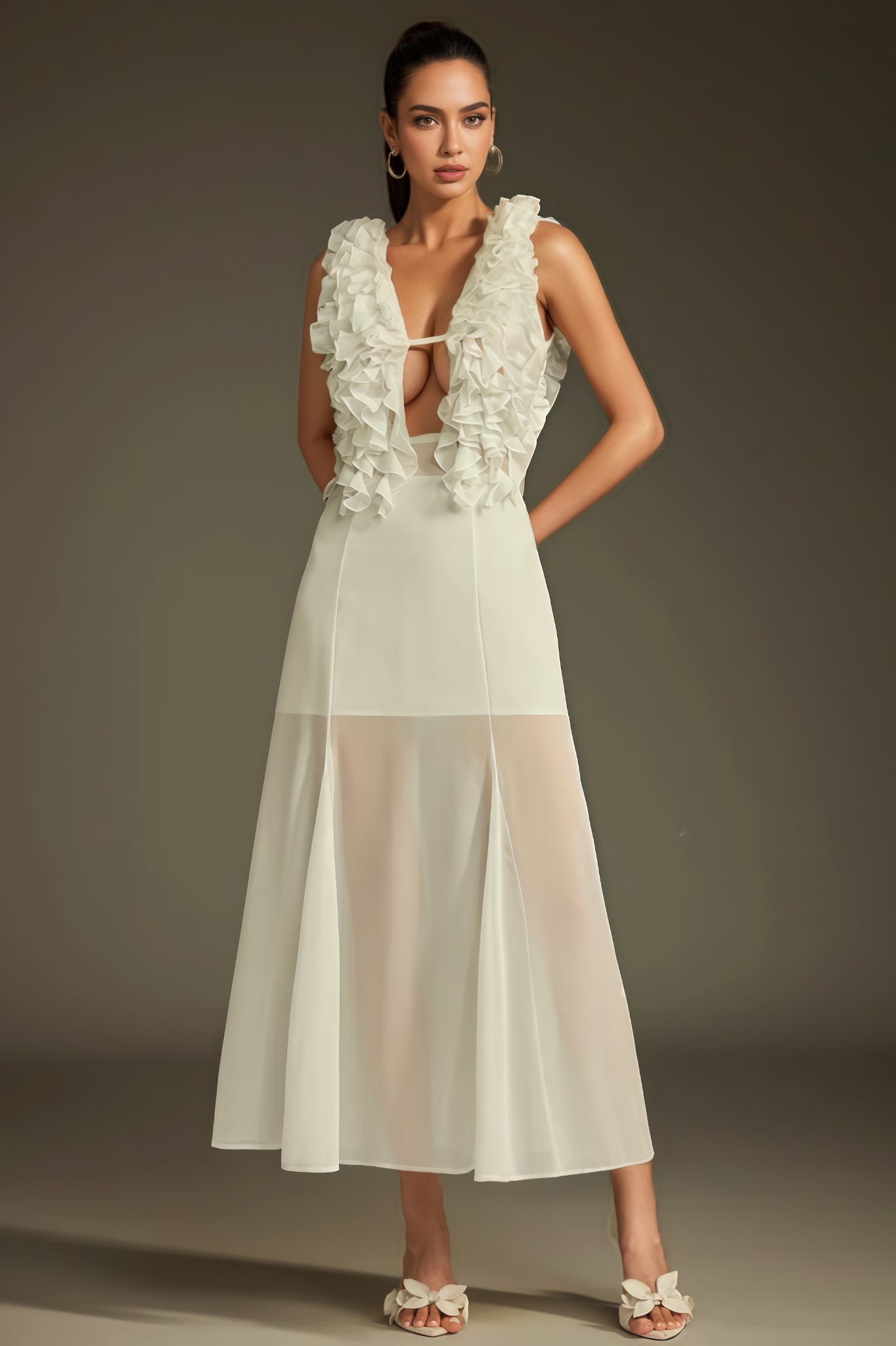 Austyn Plunge Neck Ruffle Mesh Midi Dress