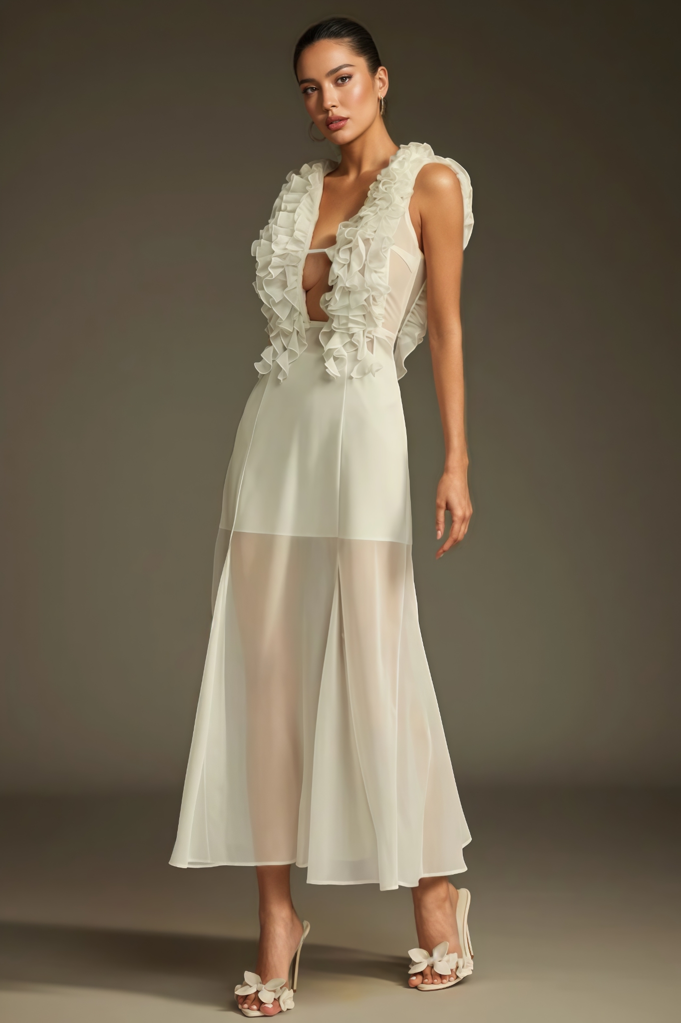 Austyn Plunge Neck Ruffle Mesh Midi Dress