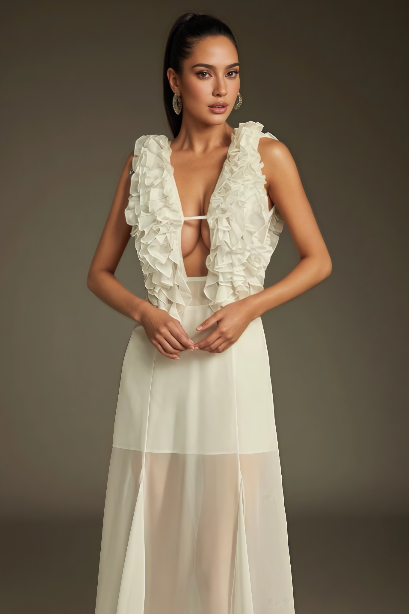 Austyn Plunge Neck Ruffle Mesh Midi Dress