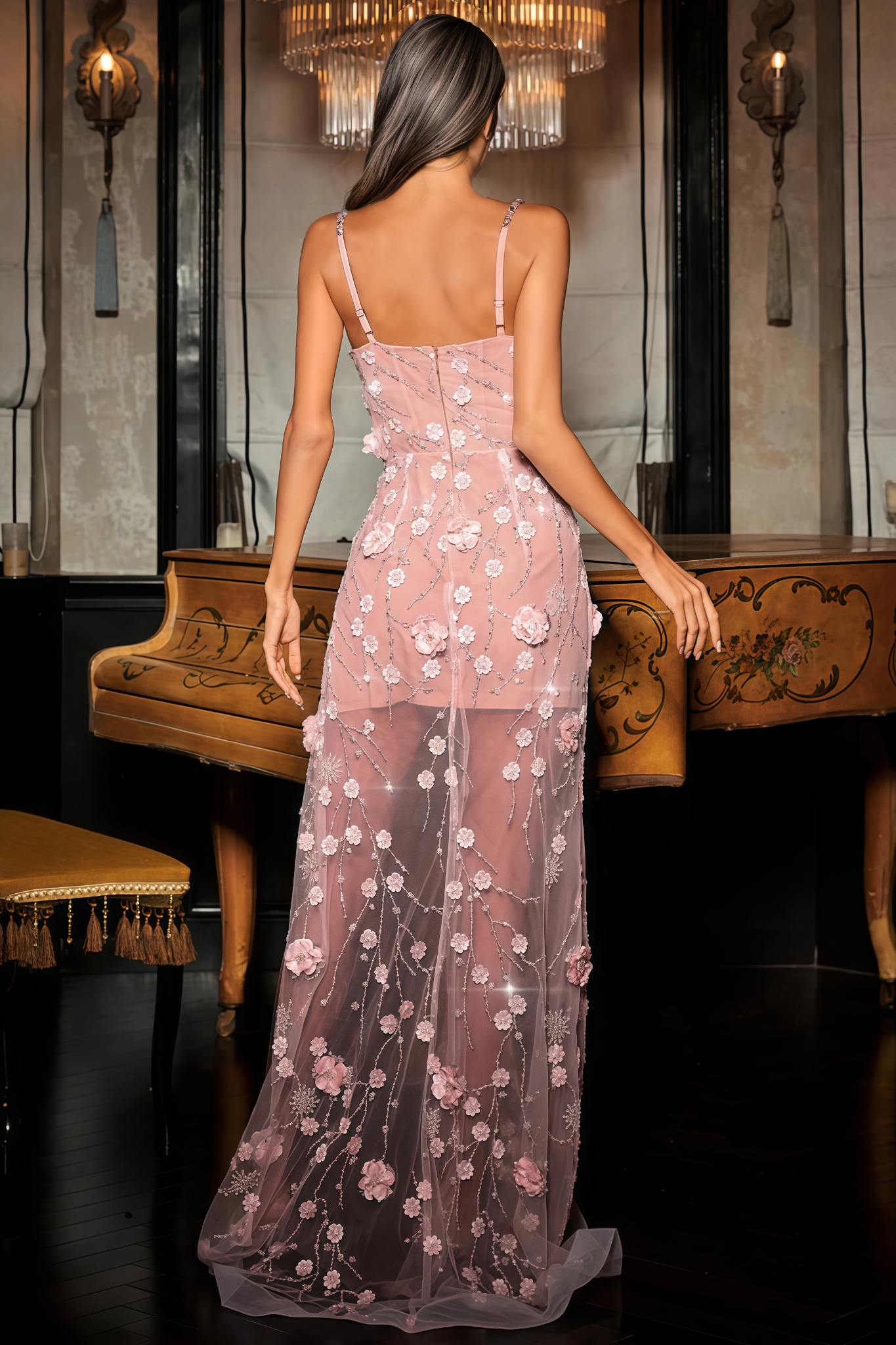 Wryssa Spaghetti Flower Split Maxi Dress