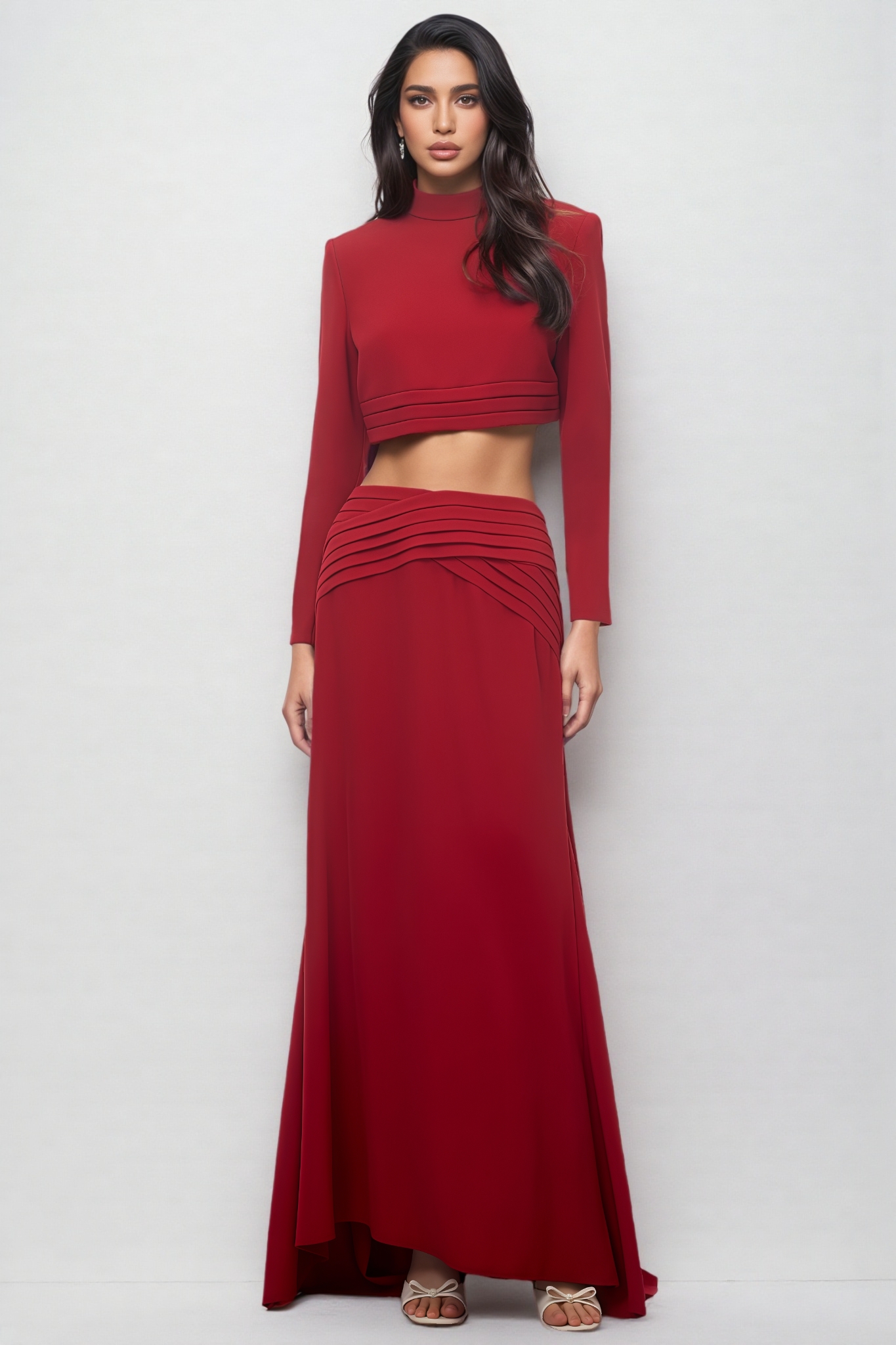 Jrisel Red Long Sleeve Ruched Maxi Dress Set