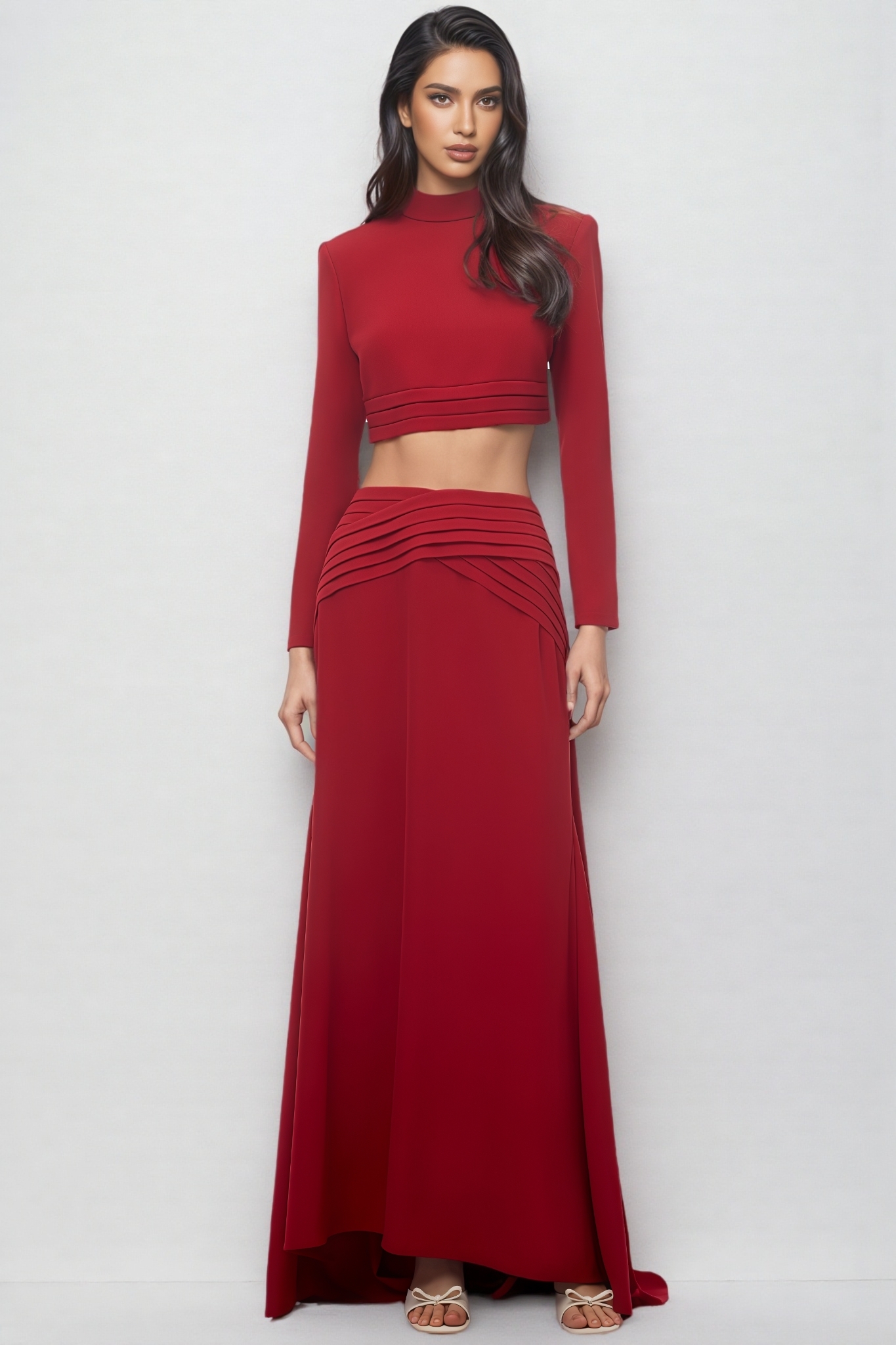 Jrisel Red Long Sleeve Ruched Maxi Dress Set