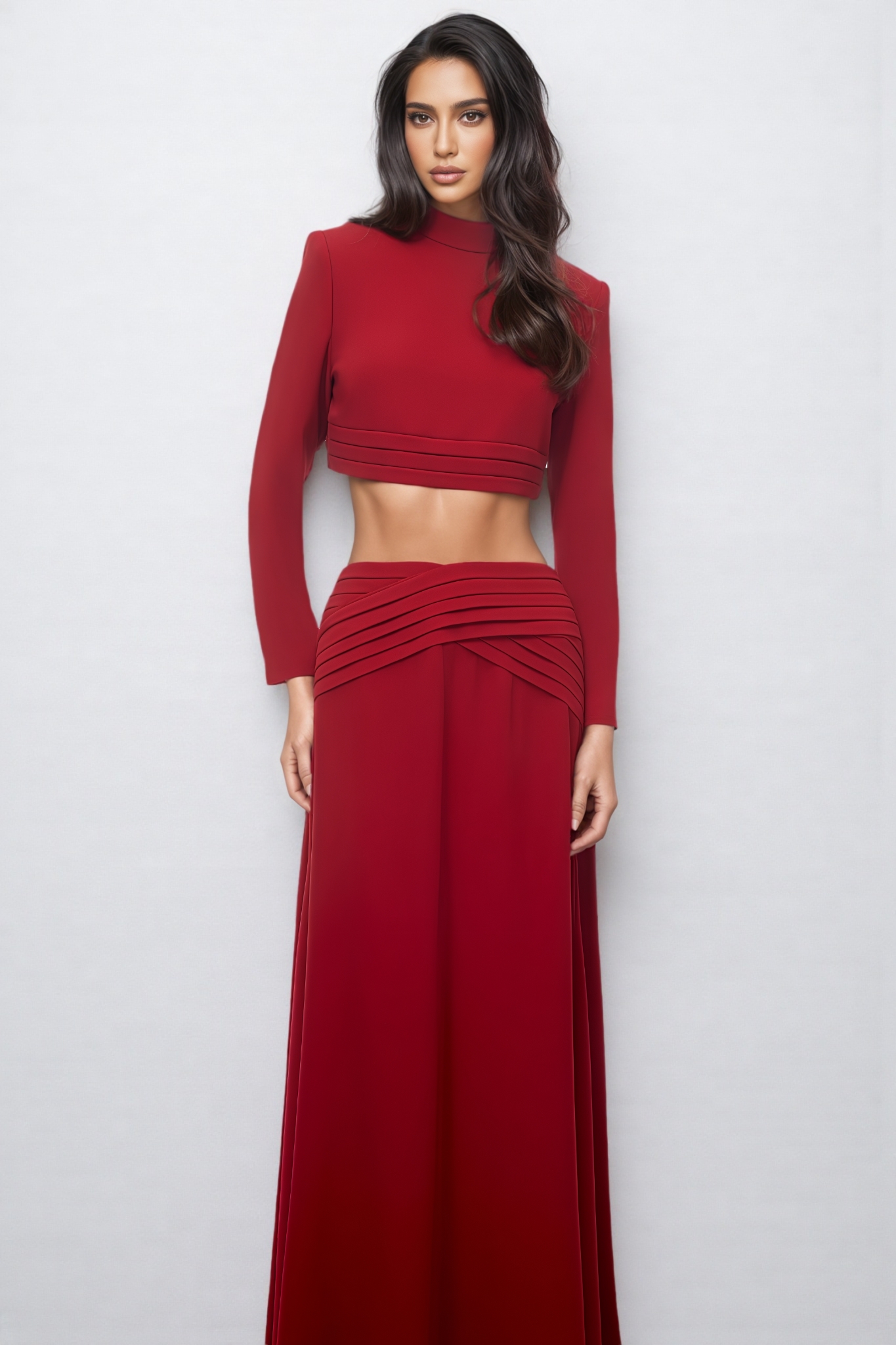 Jrisel Red Long Sleeve Ruched Maxi Dress Set