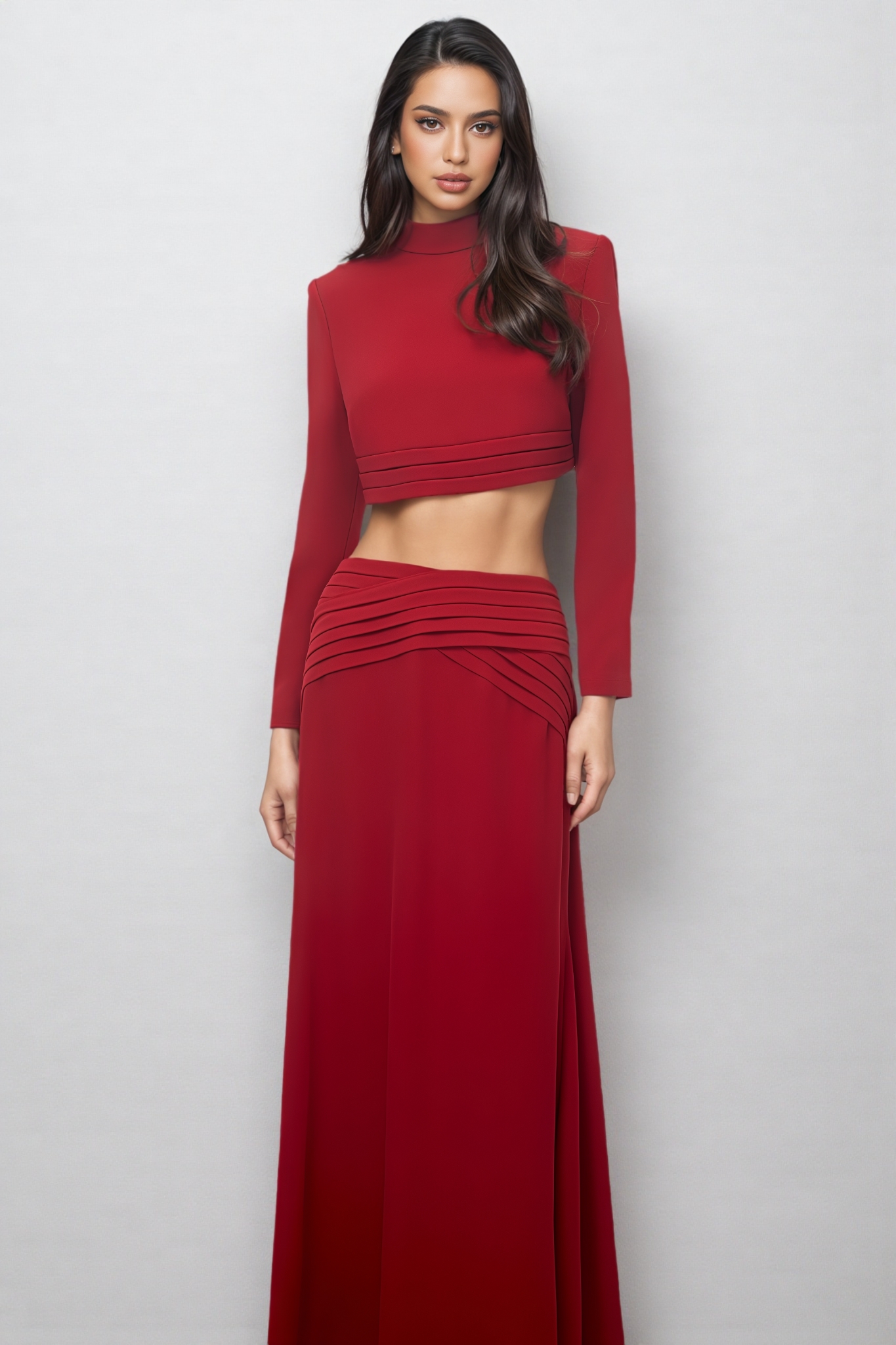 Jrisel Red Long Sleeve Ruched Maxi Dress Set