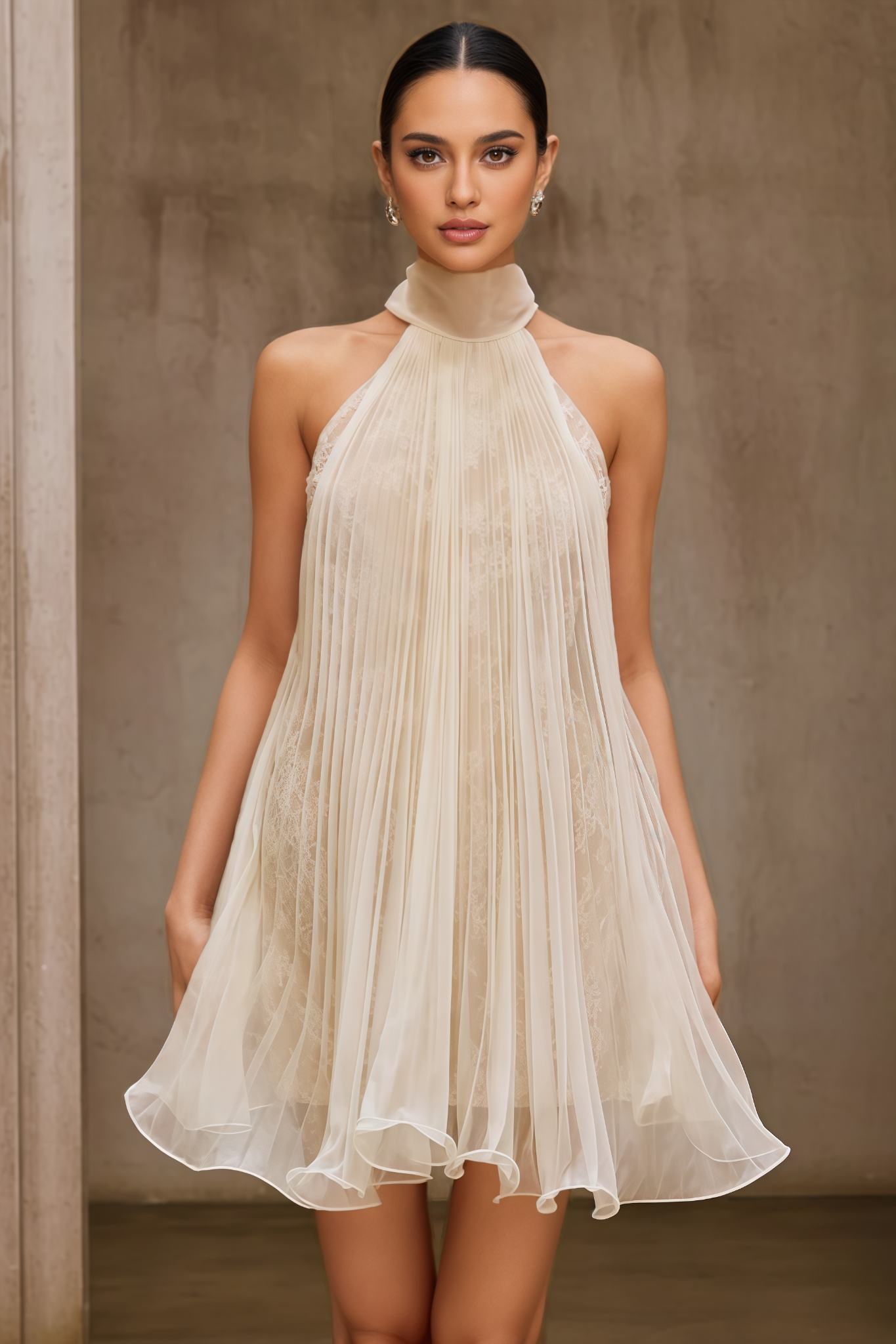 Zchery Lace Pleated Flare Mini Dress