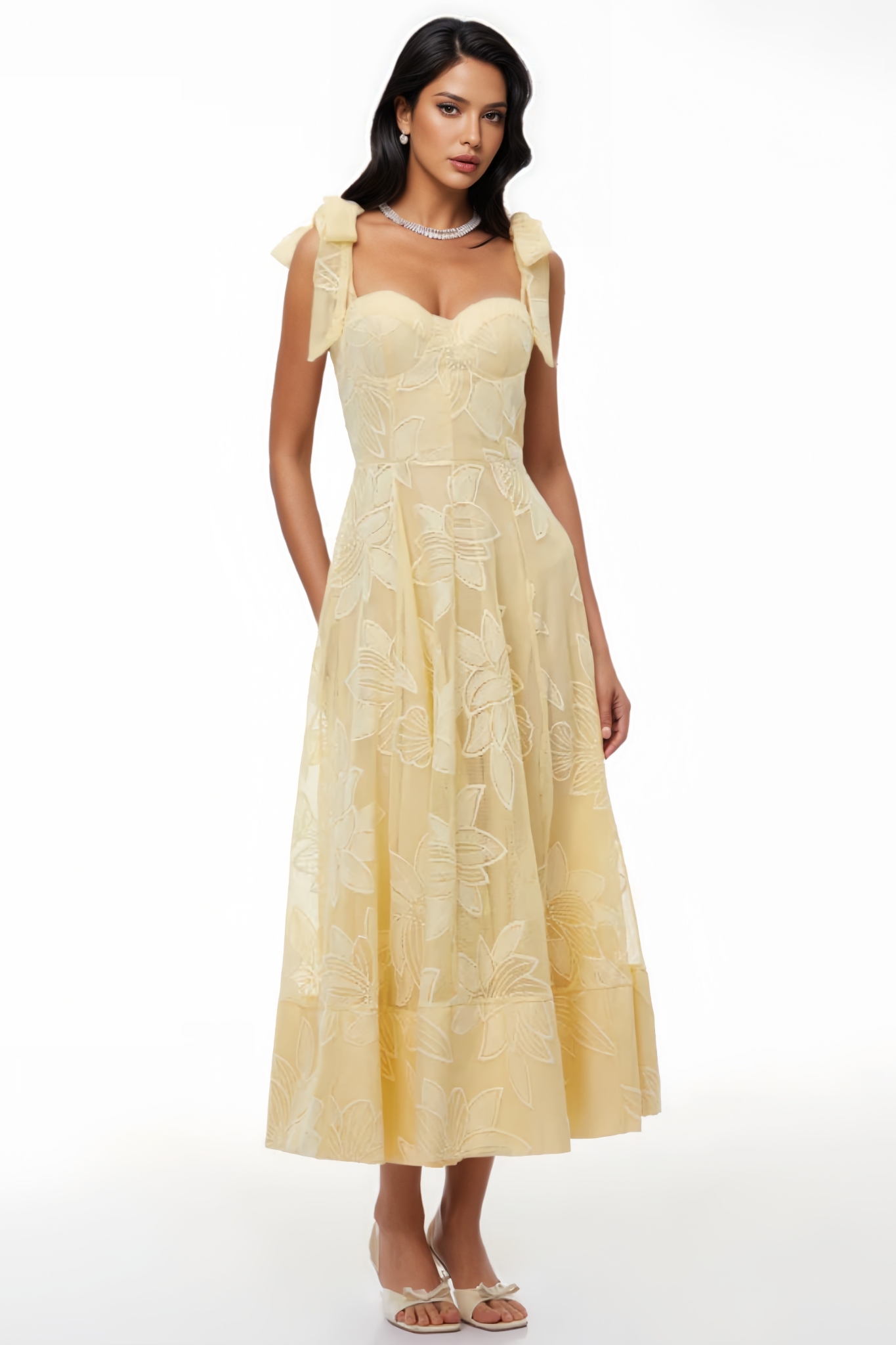 Ronwa Yellow Floral Embroidered Maxi Dress