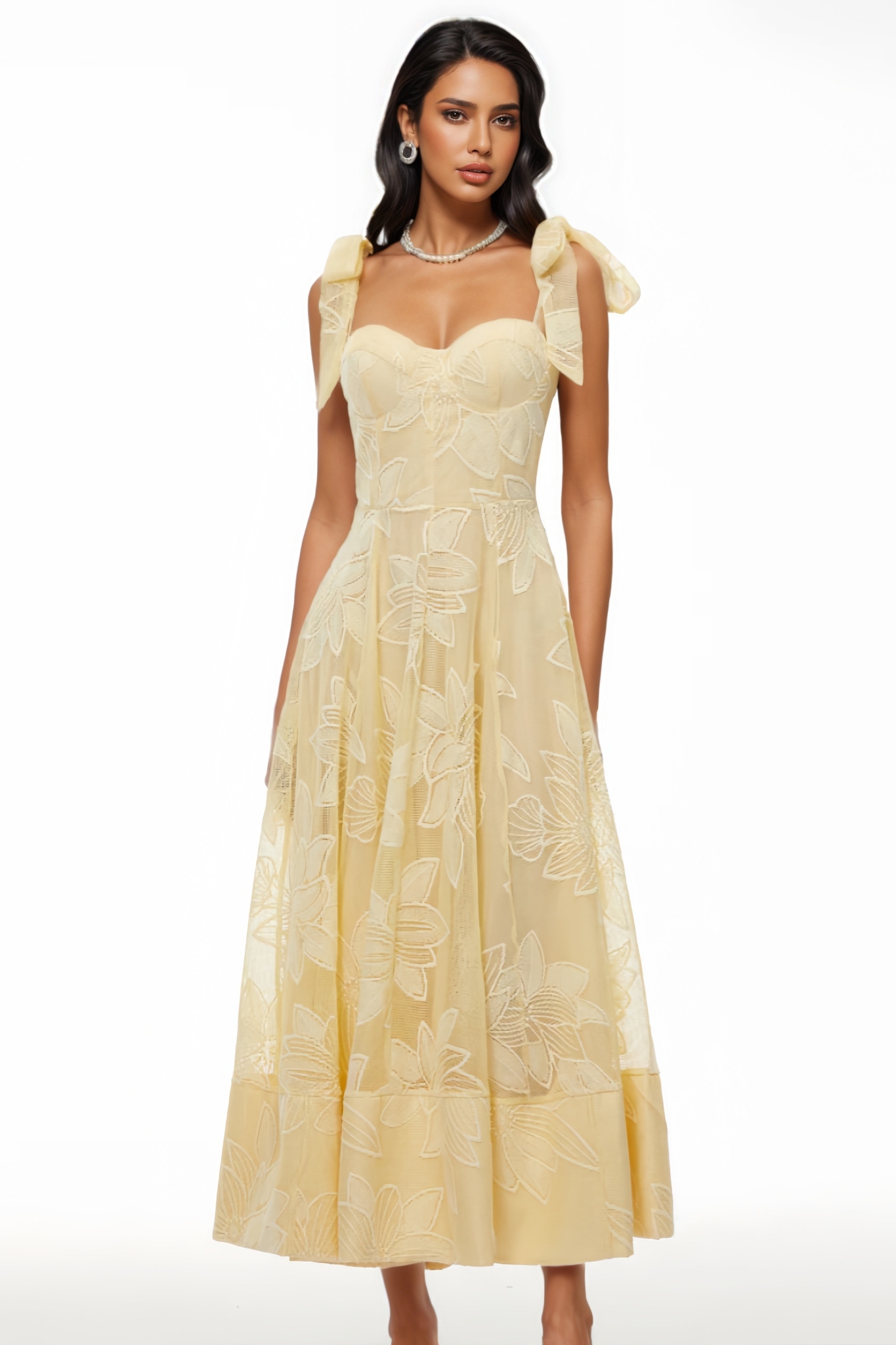 Ronwa Yellow Floral Embroidered Maxi Dress