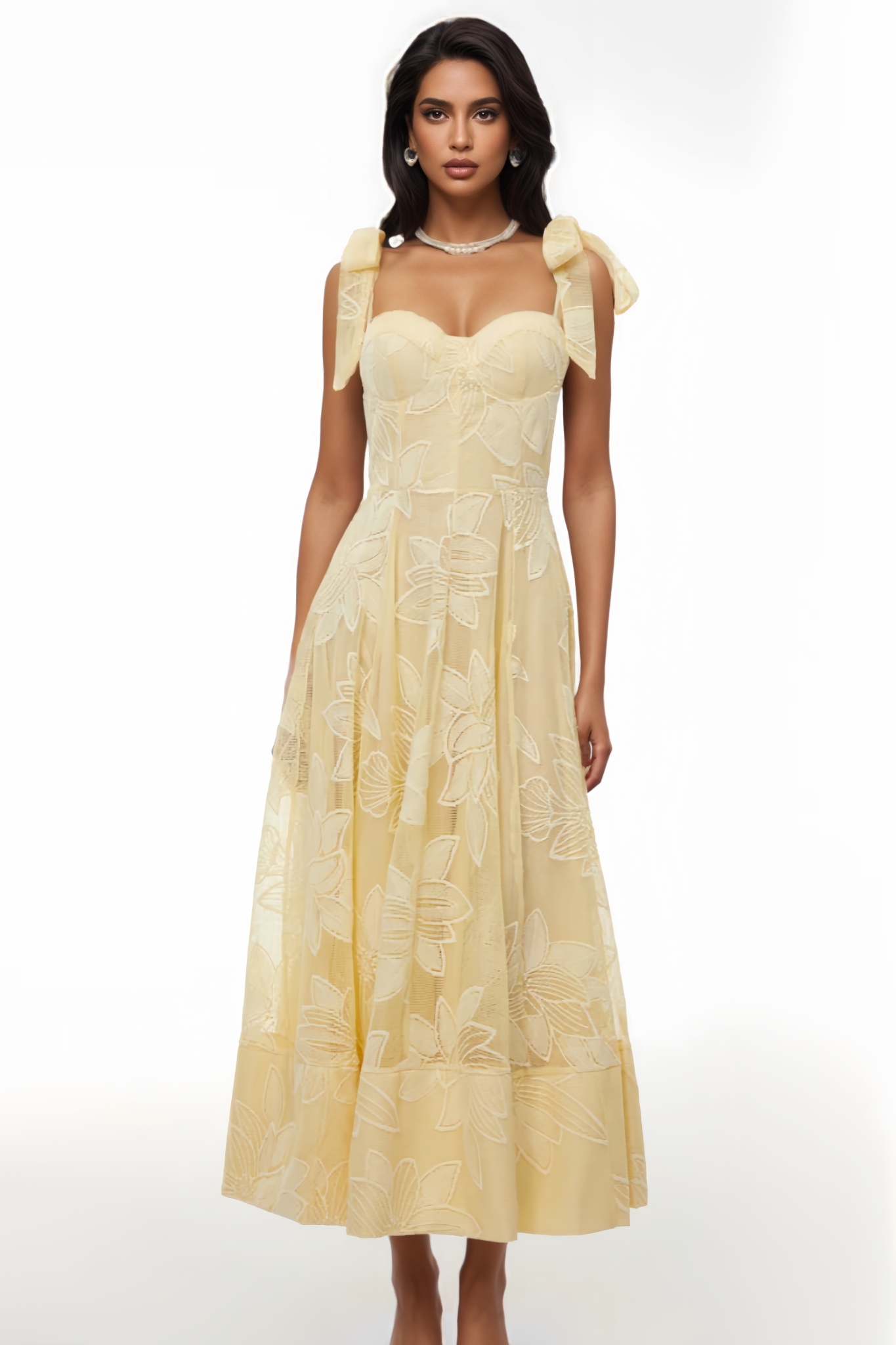 Ronwa Yellow Floral Embroidered Maxi Dress
