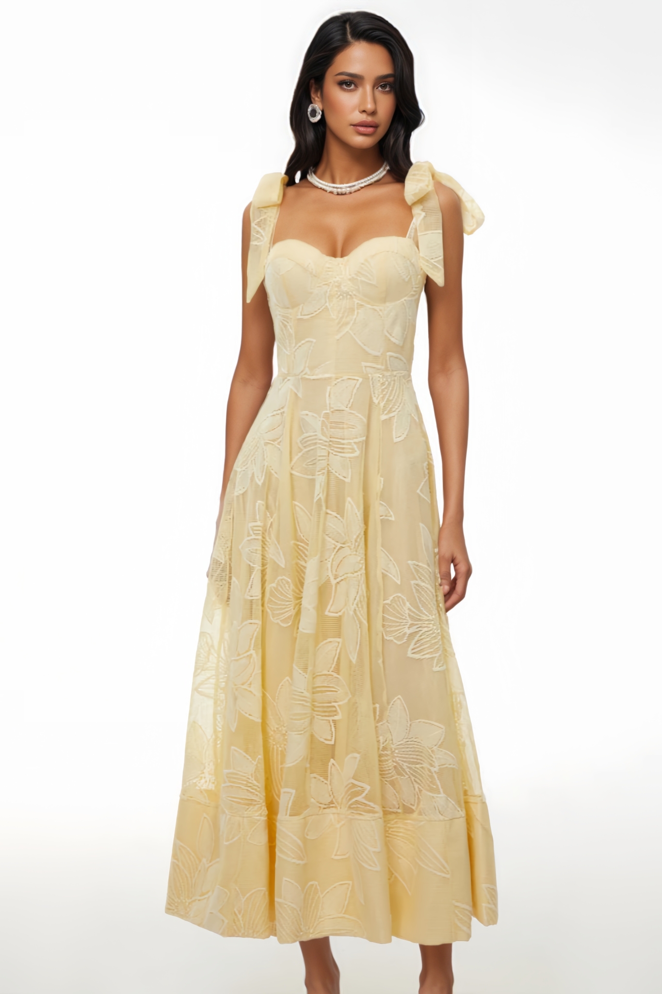 Ronwa Yellow Floral Embroidered Maxi Dress