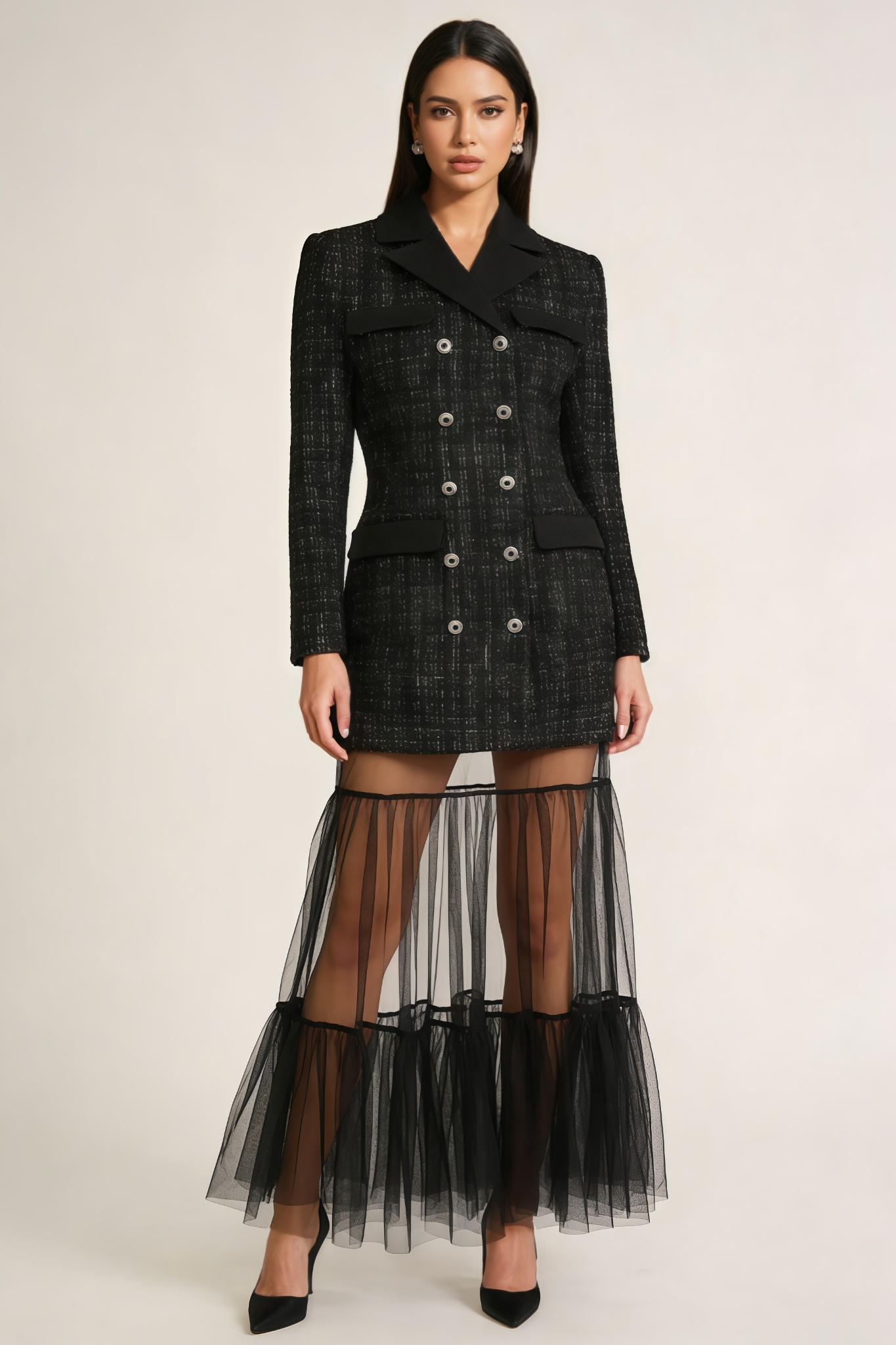 Isayne Double Breasted Clasp Coat Tulle Maxi Dress