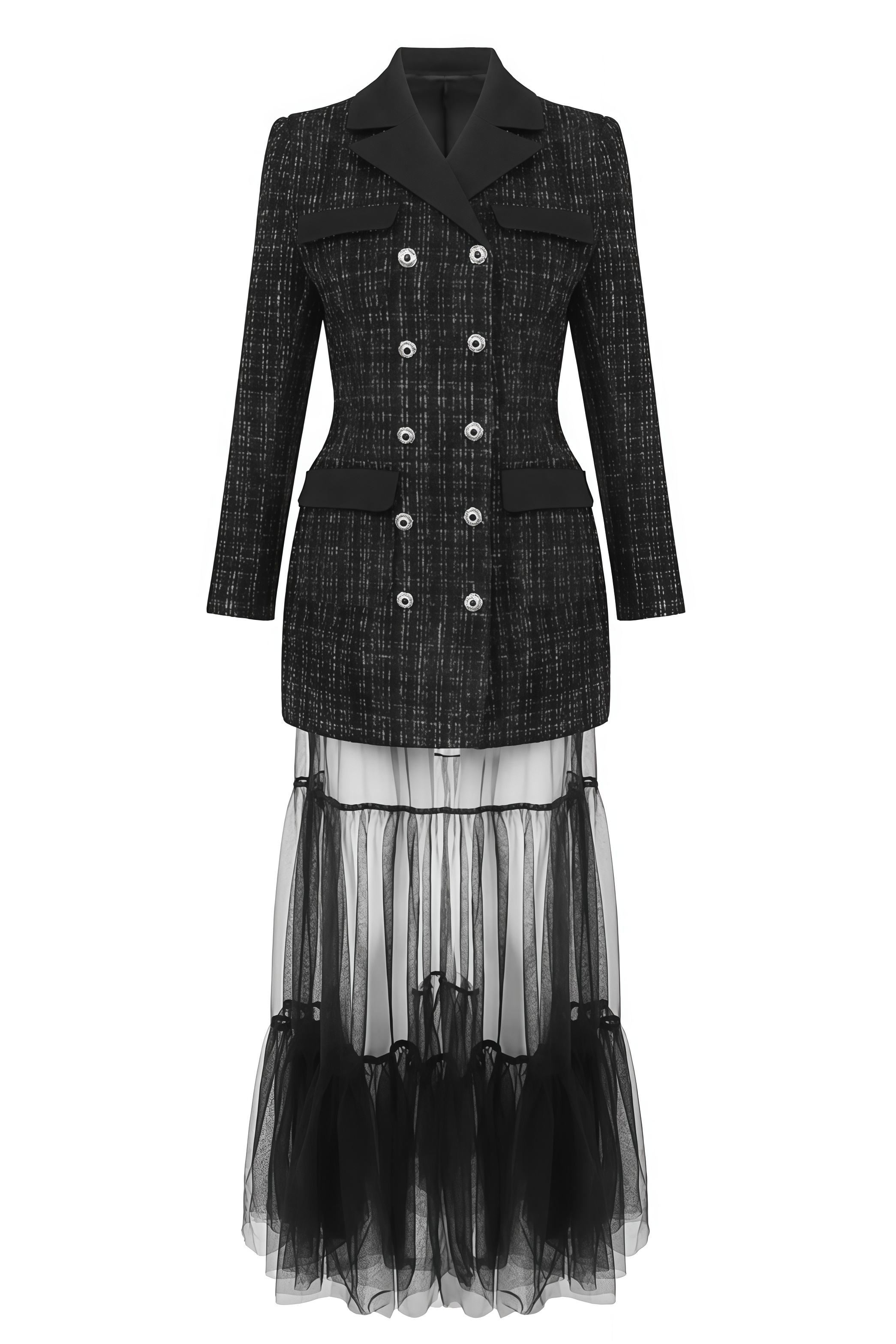 Isayne Double Breasted Clasp Coat Tulle Maxi Dress