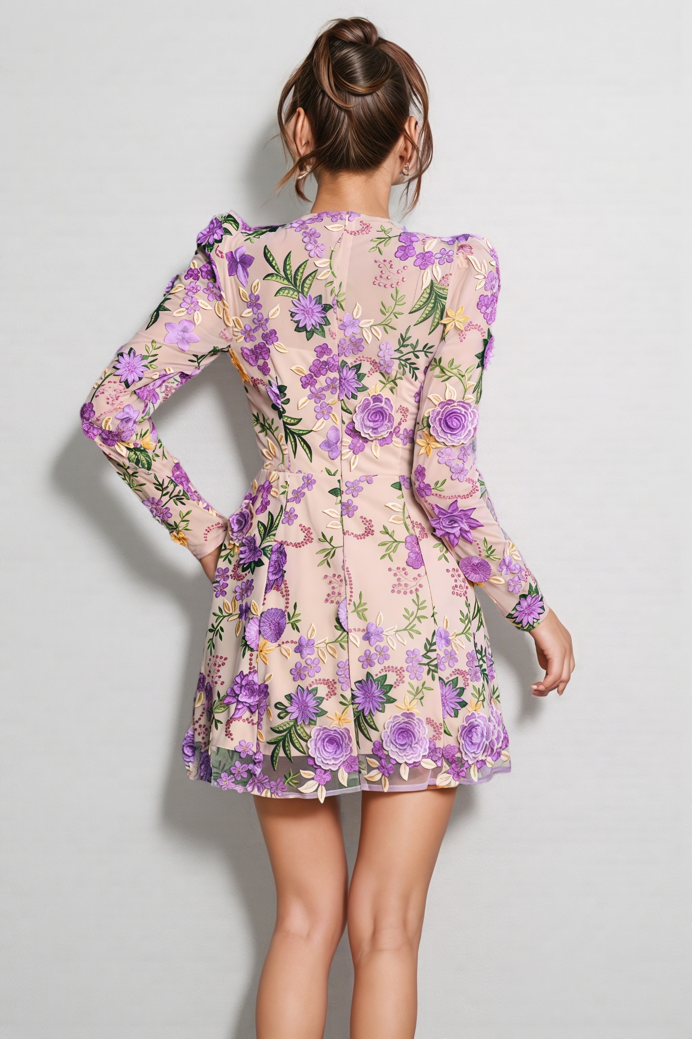 Taina Purple Flower Embroidered Mini Dress