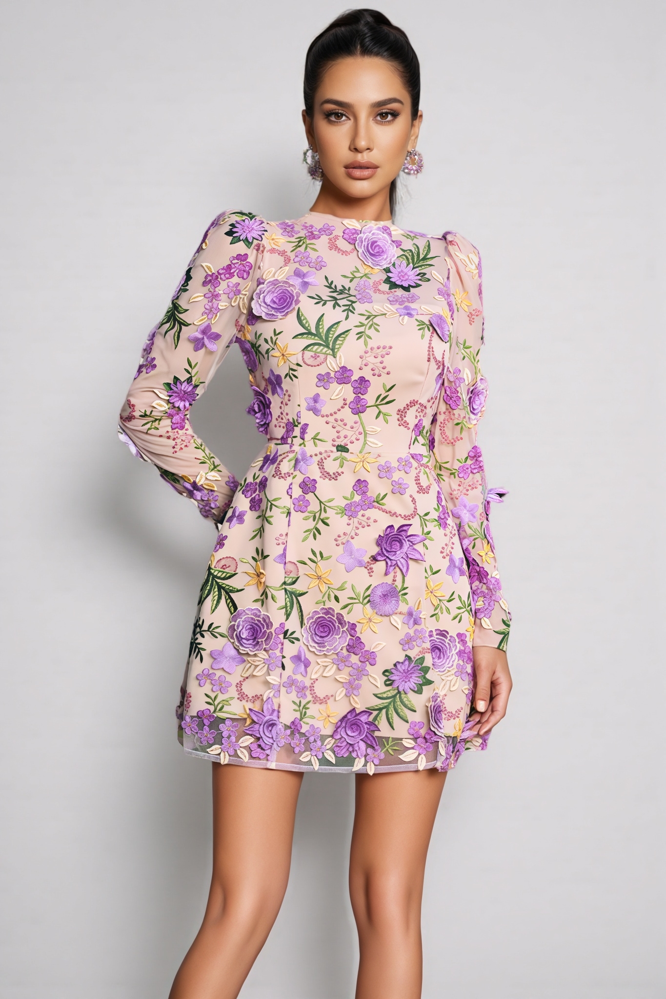 Taina Purple Flower Embroidered Mini Dress