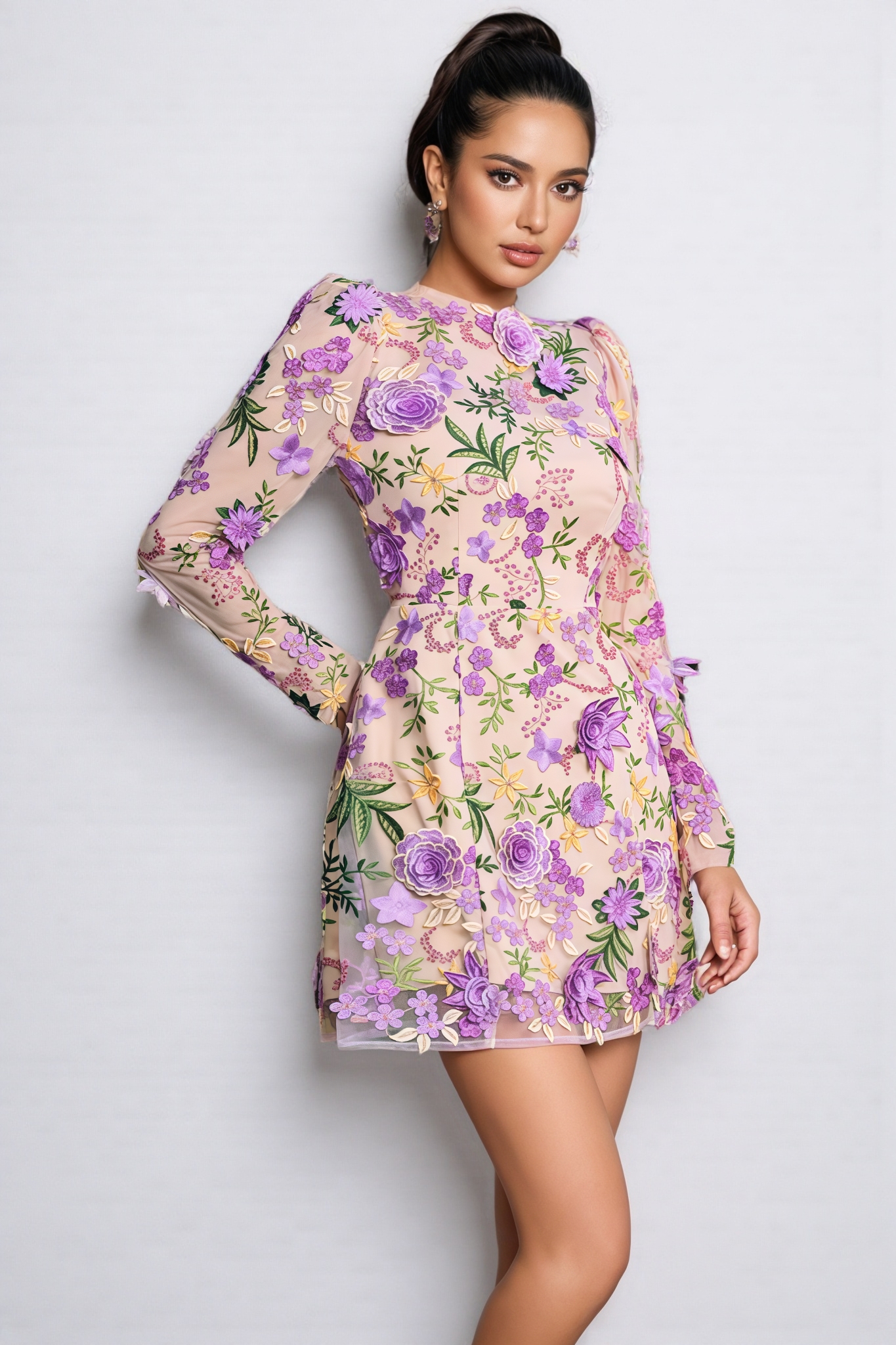 Taina Purple Flower Embroidered Mini Dress