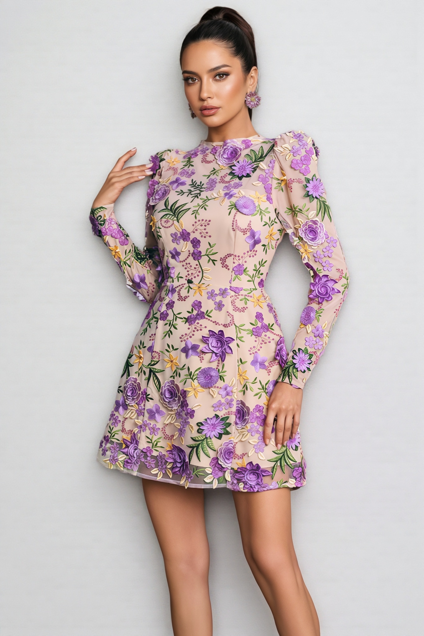 Taina Purple Flower Embroidered Mini Dress