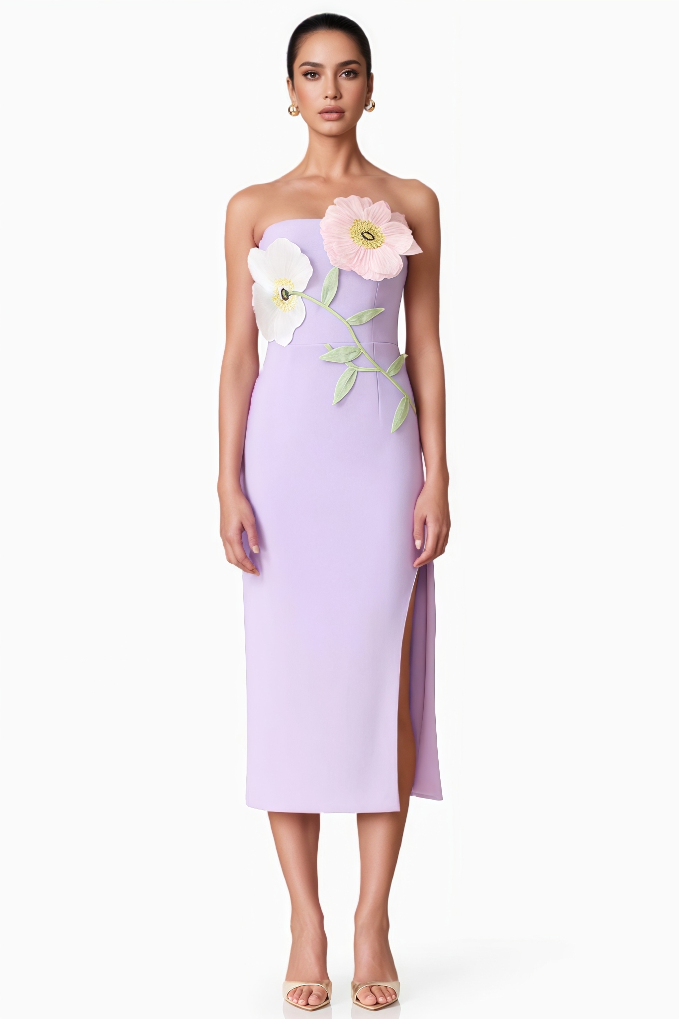 Dylent Purple Strapless Flower Split Midi Dress