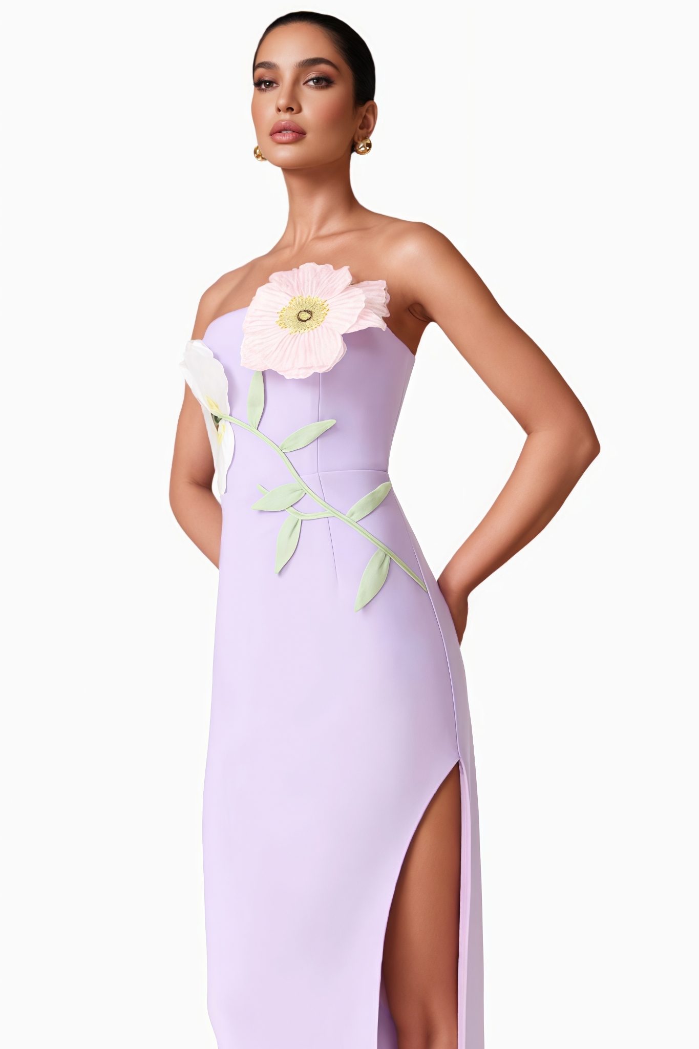 Dylent Purple Strapless Flower Split Midi Dress