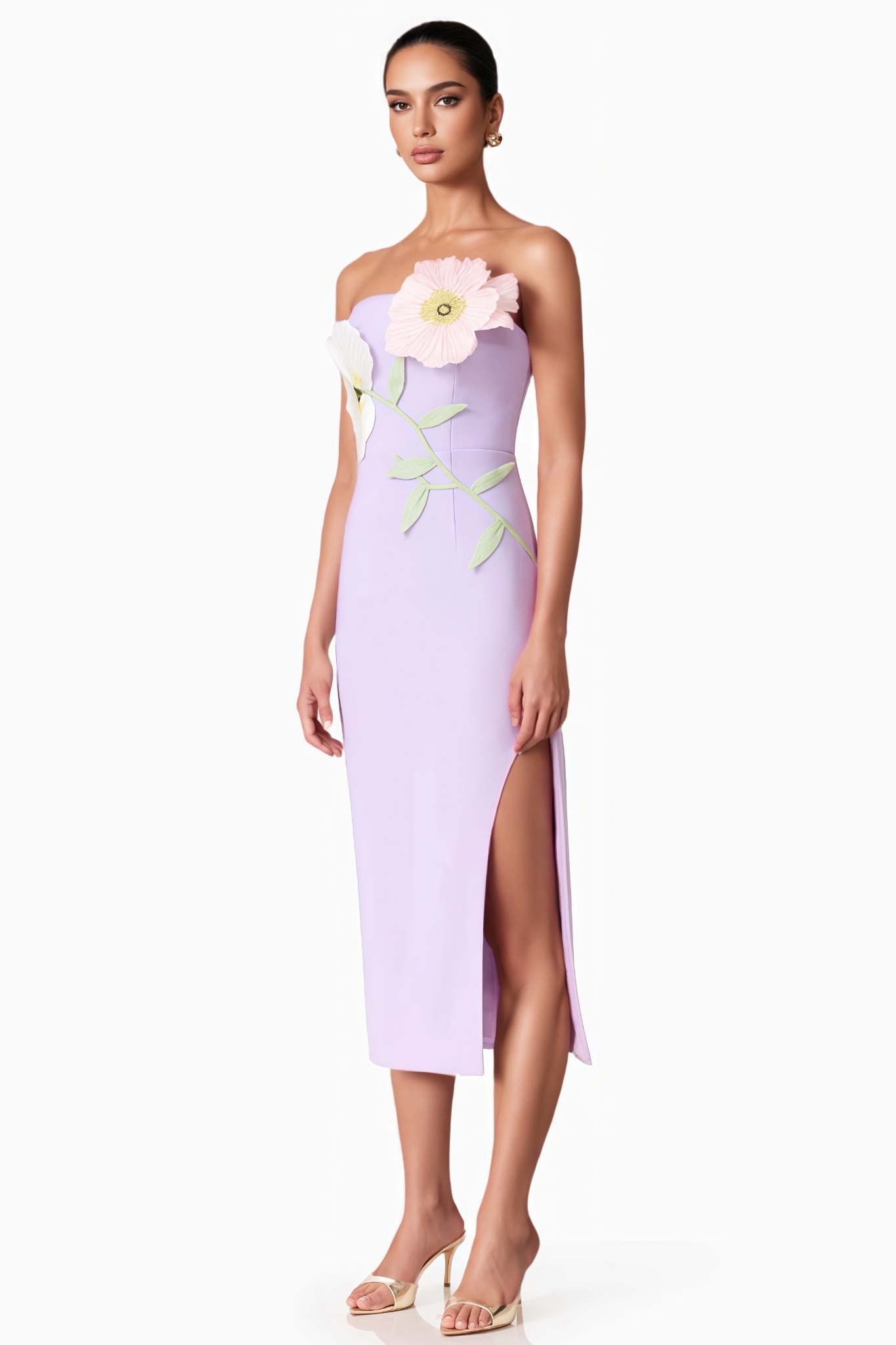 Dylent Purple Strapless Flower Split Midi Dress