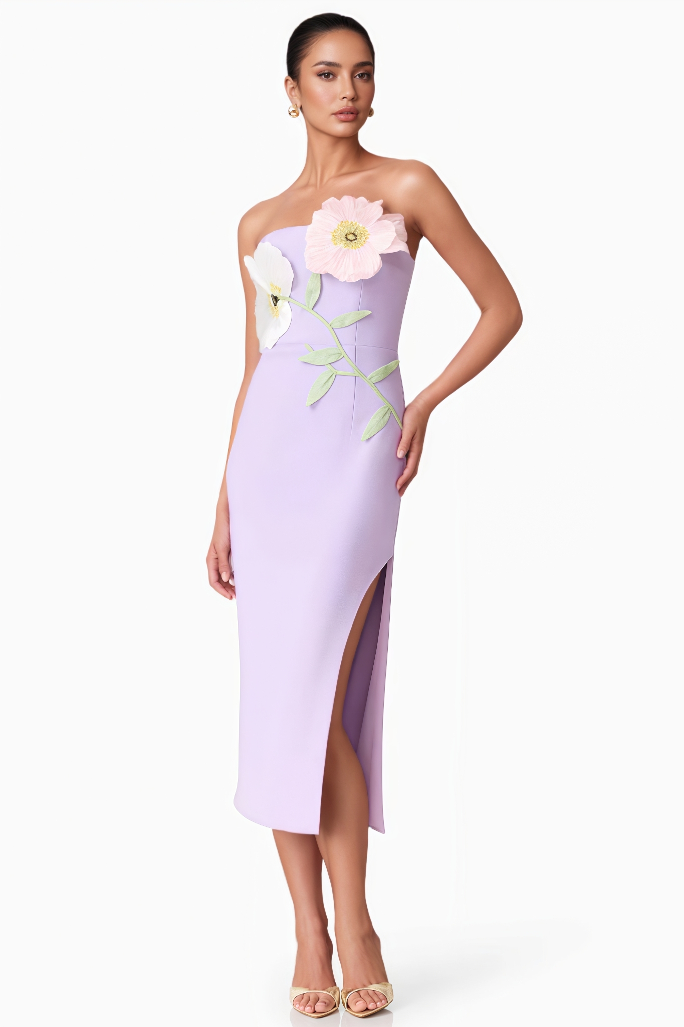 Dylent Purple Strapless Flower Split Midi Dress