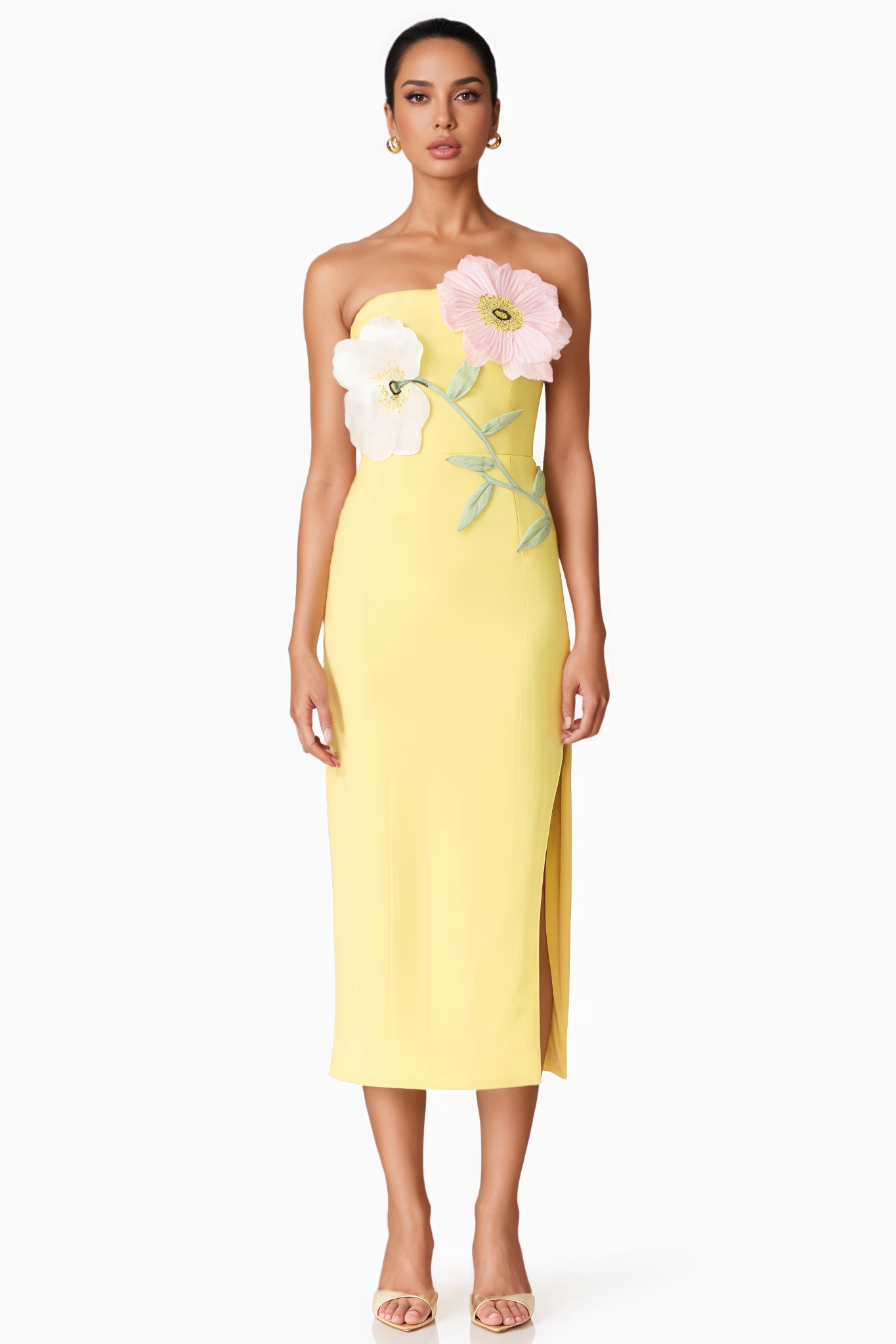 Owany Strapless Flower Split Midi Dress