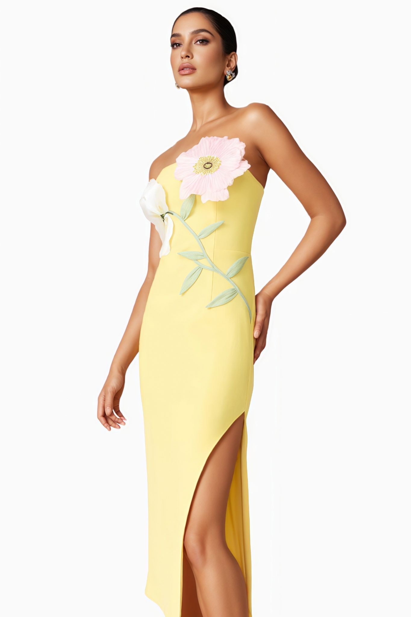 Owany Strapless Flower Split Midi Dress