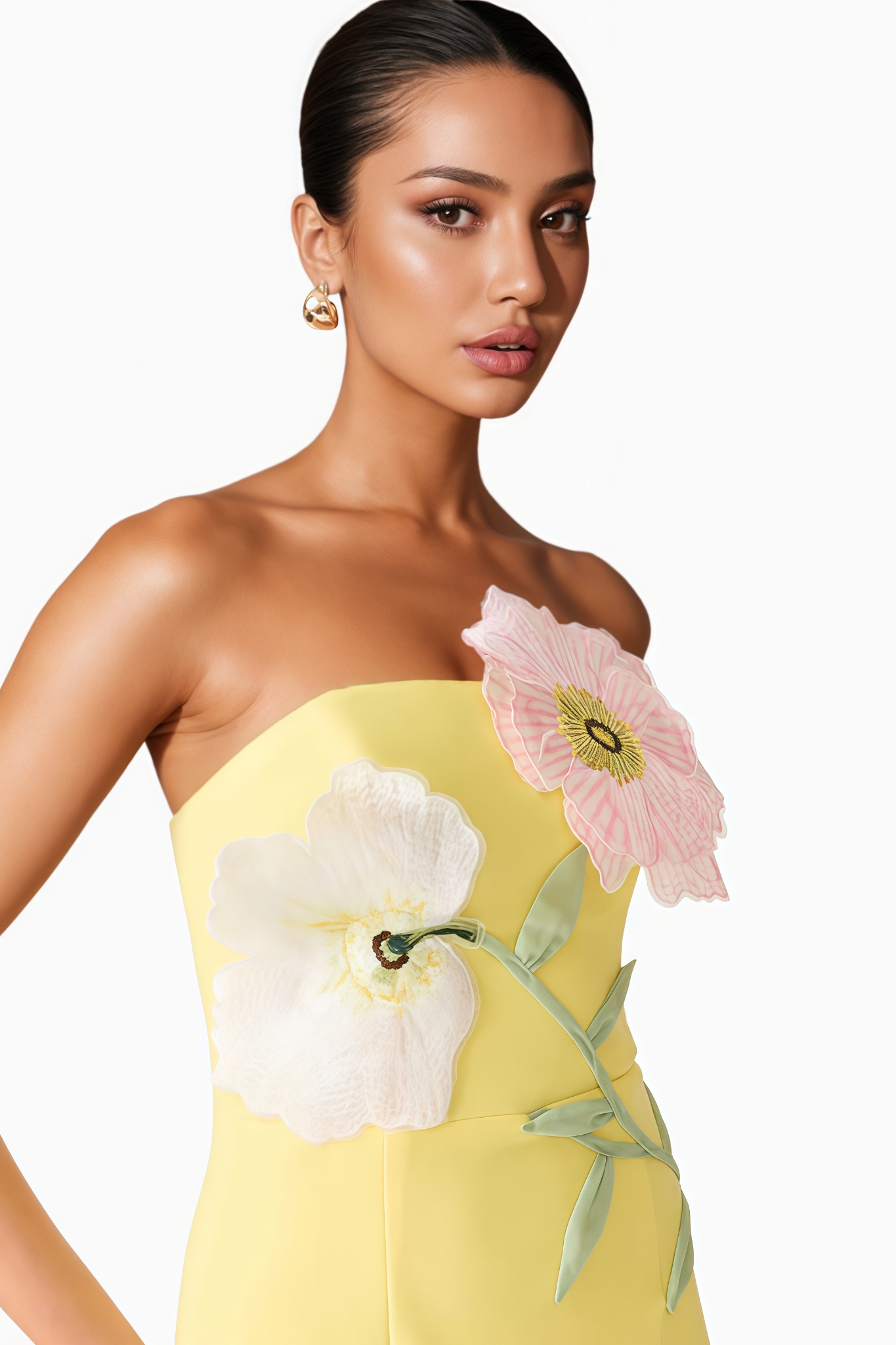 Owany Strapless Flower Split Midi Dress