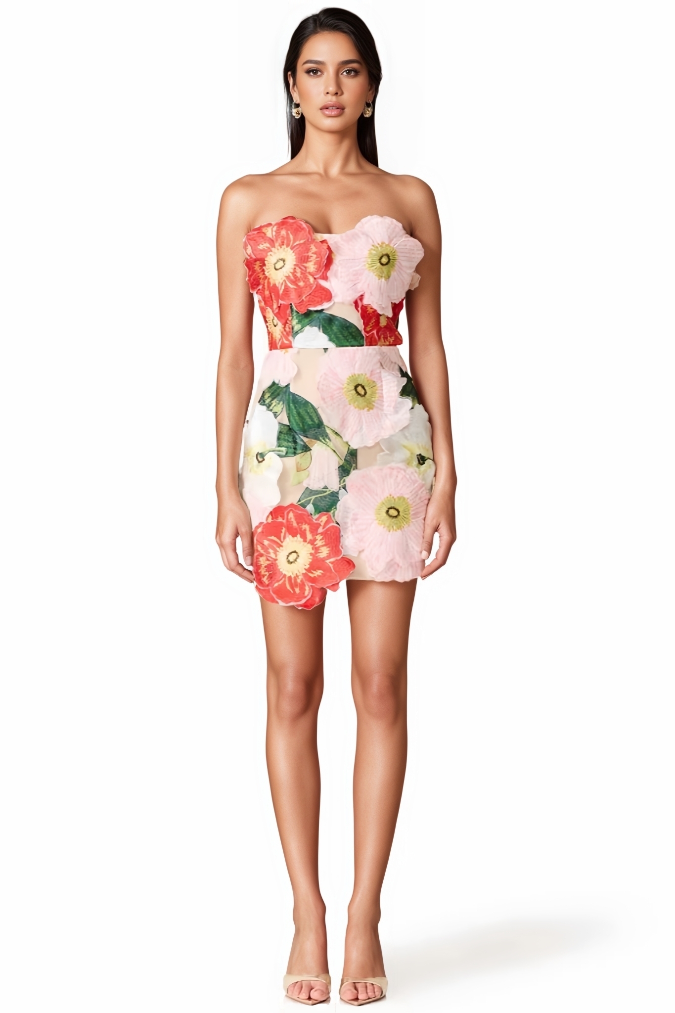 Wevin Pink Strapless 3D Floral Mini Dress