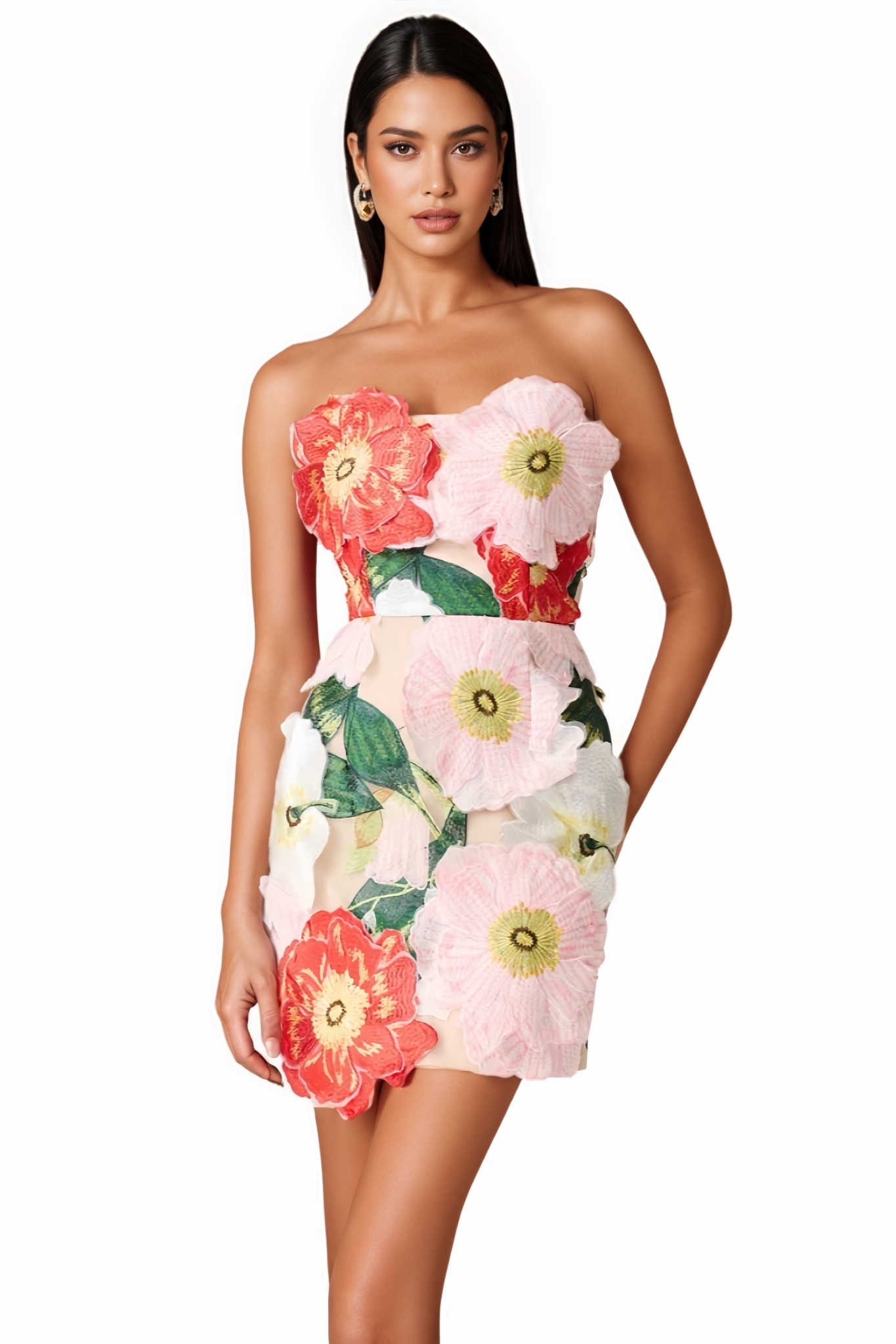 Wevin Pink Strapless 3D Floral Mini Dress