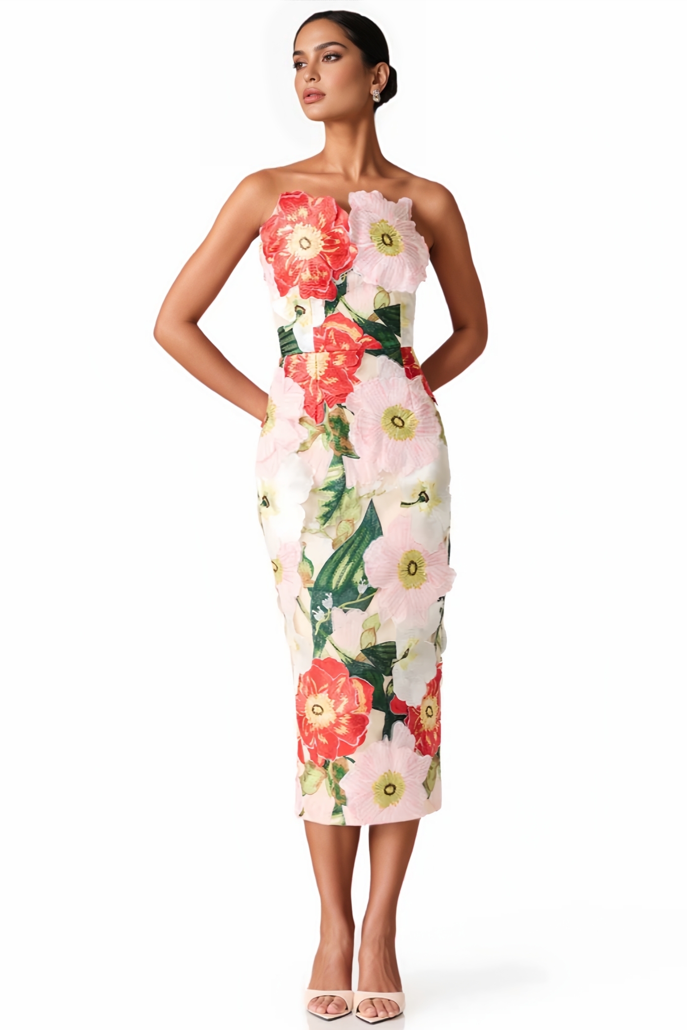 Nadeline Pink Strapless 3D Floral Midi Dress