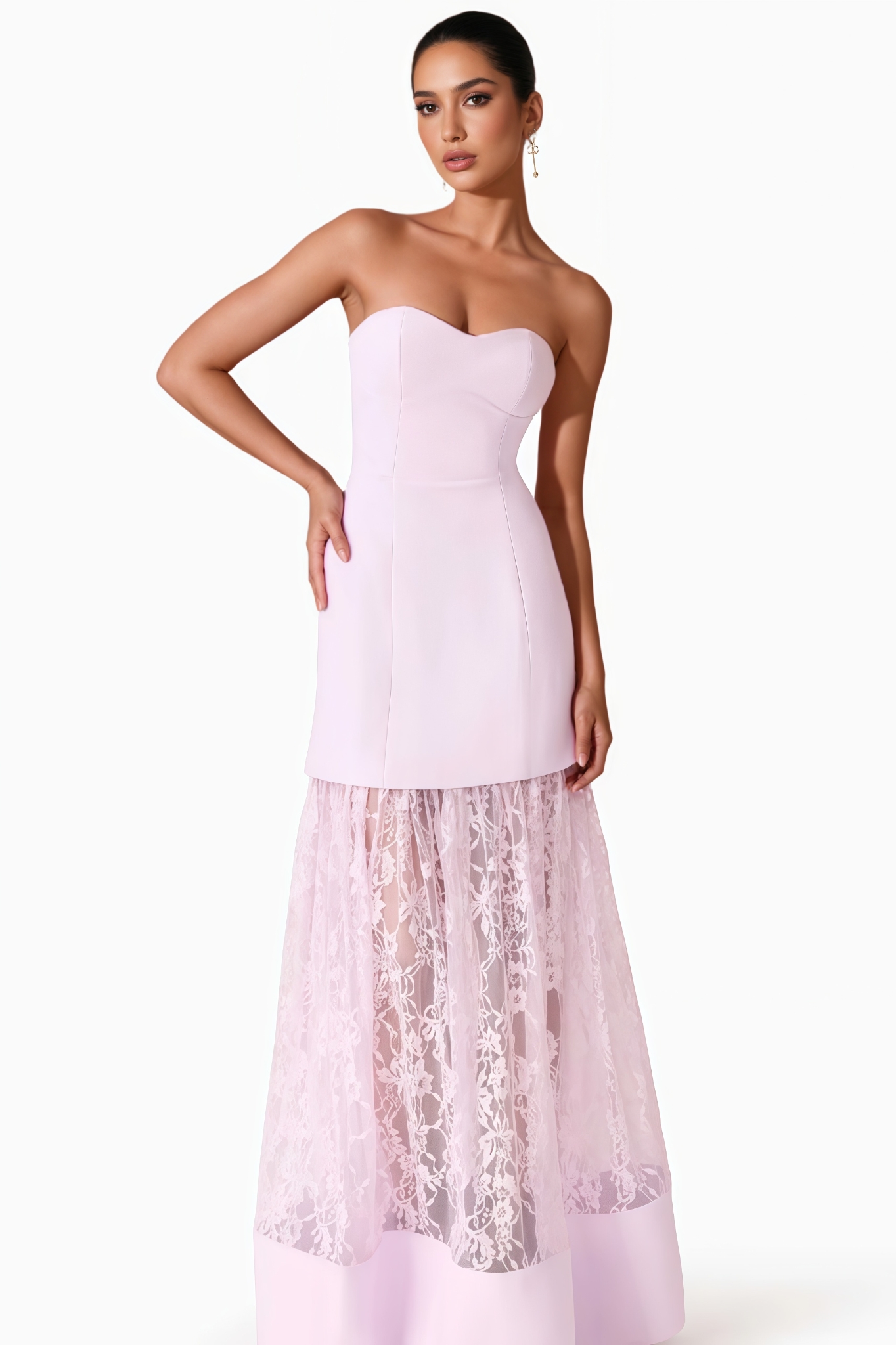 Uriah Pink Strapless Lace Maxi Dress