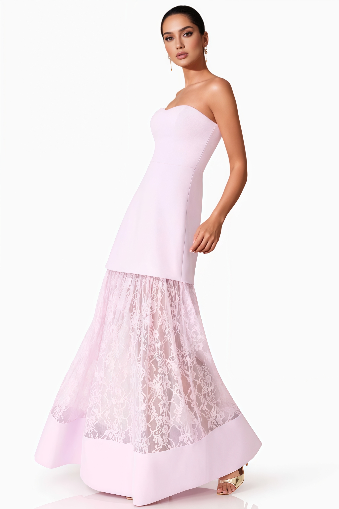 Uriah Pink Strapless Lace Maxi Dress