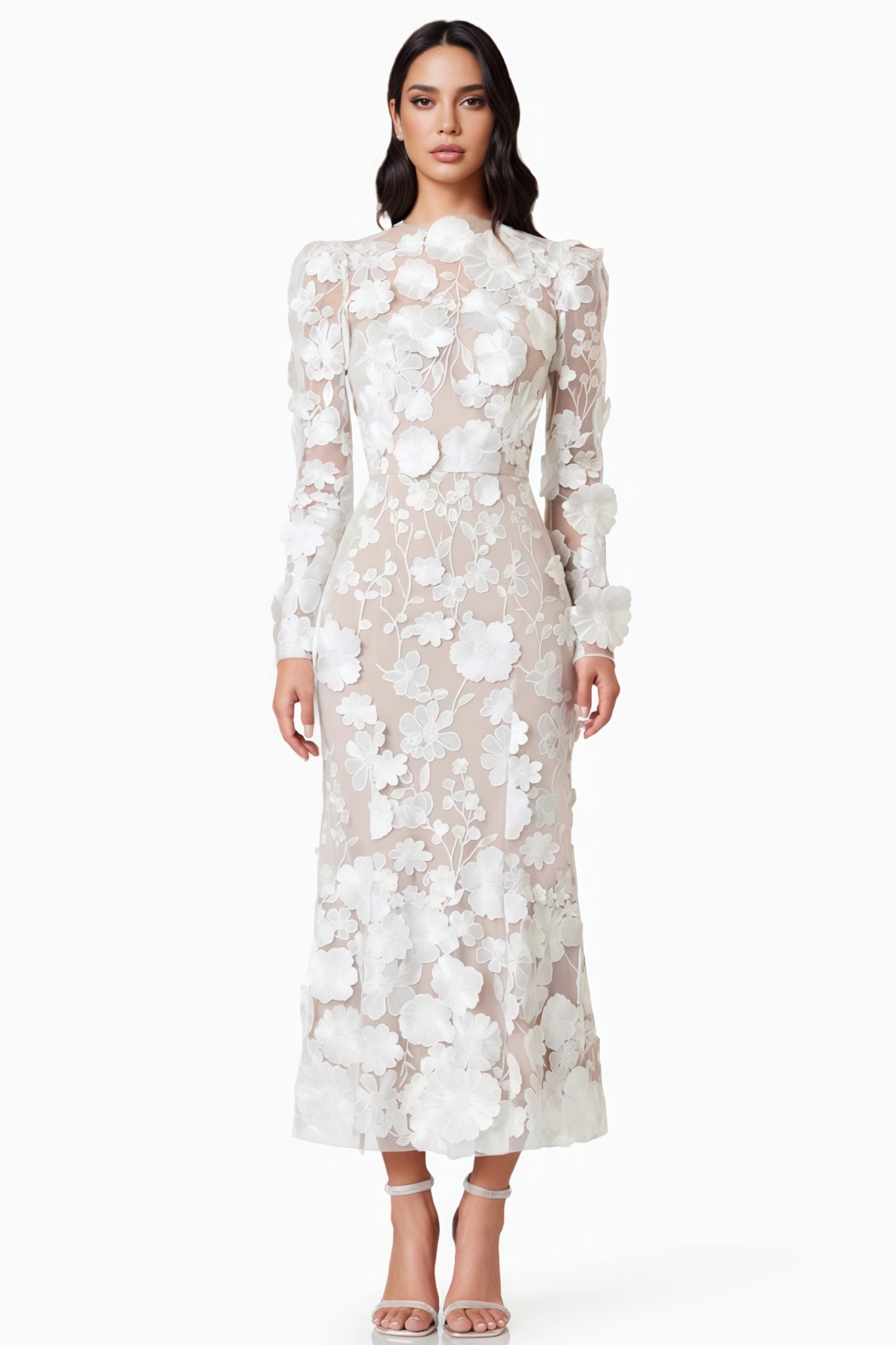 Autumtp White 3D Floral Midi Dress