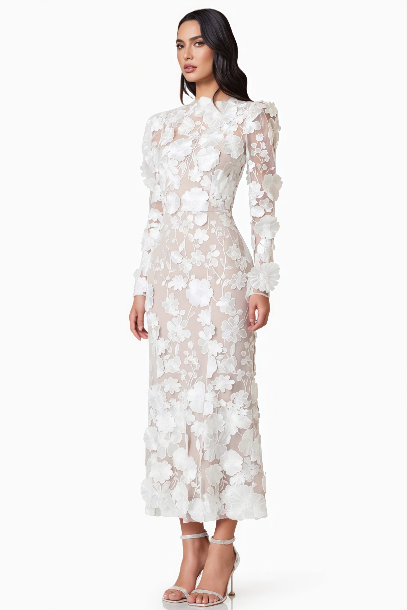 Autumtp White 3D Floral Midi Dress