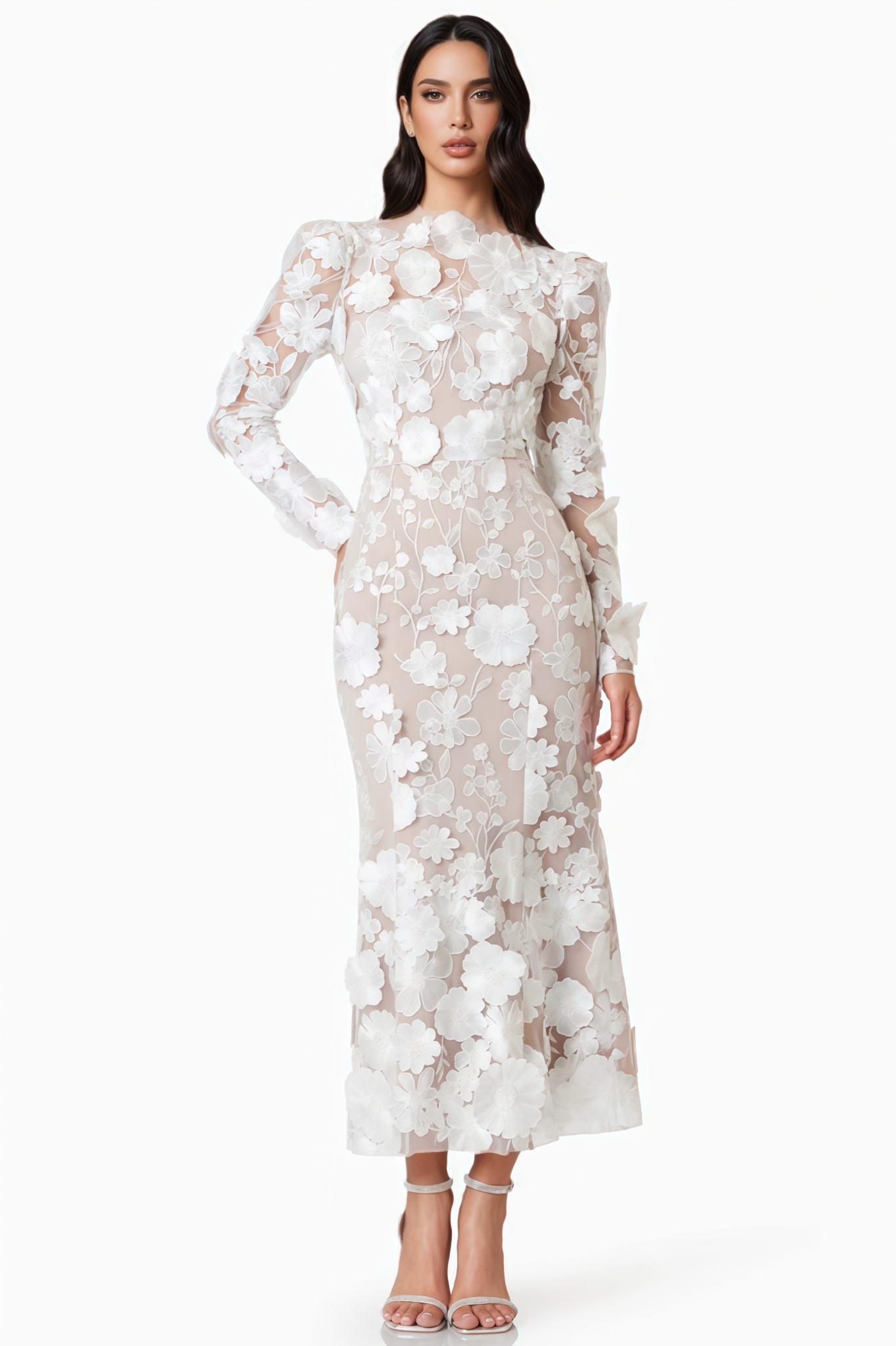 Autumtp White 3D Floral Midi Dress