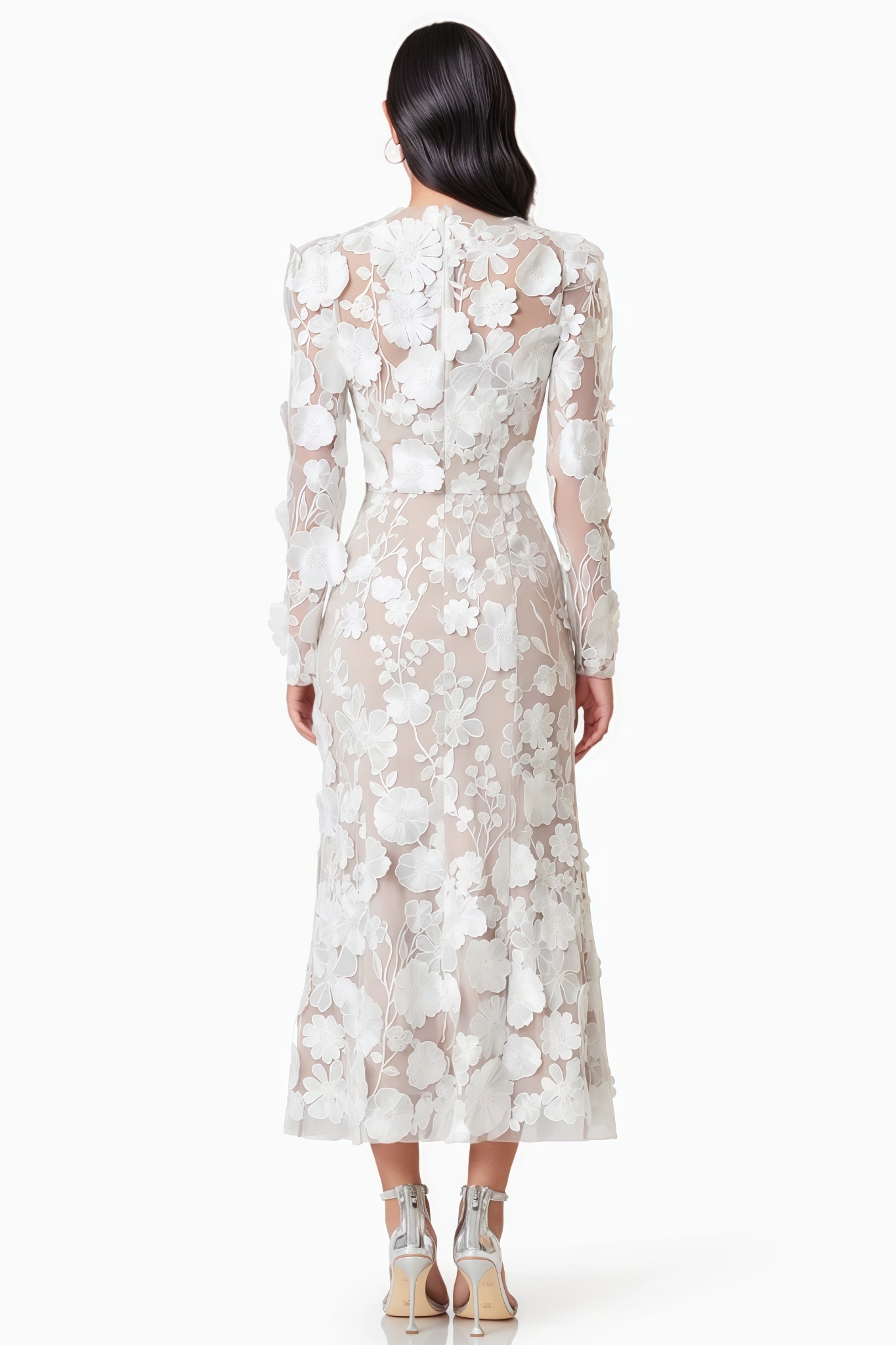 Autumtp White 3D Floral Midi Dress