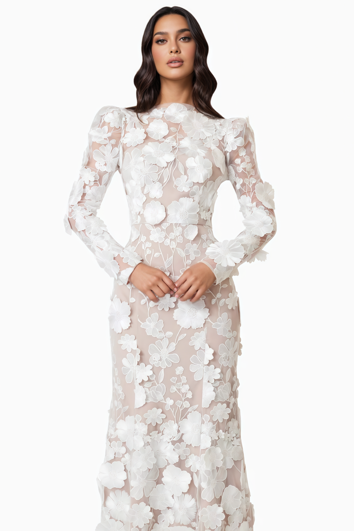 Autumtp White 3D Floral Midi Dress